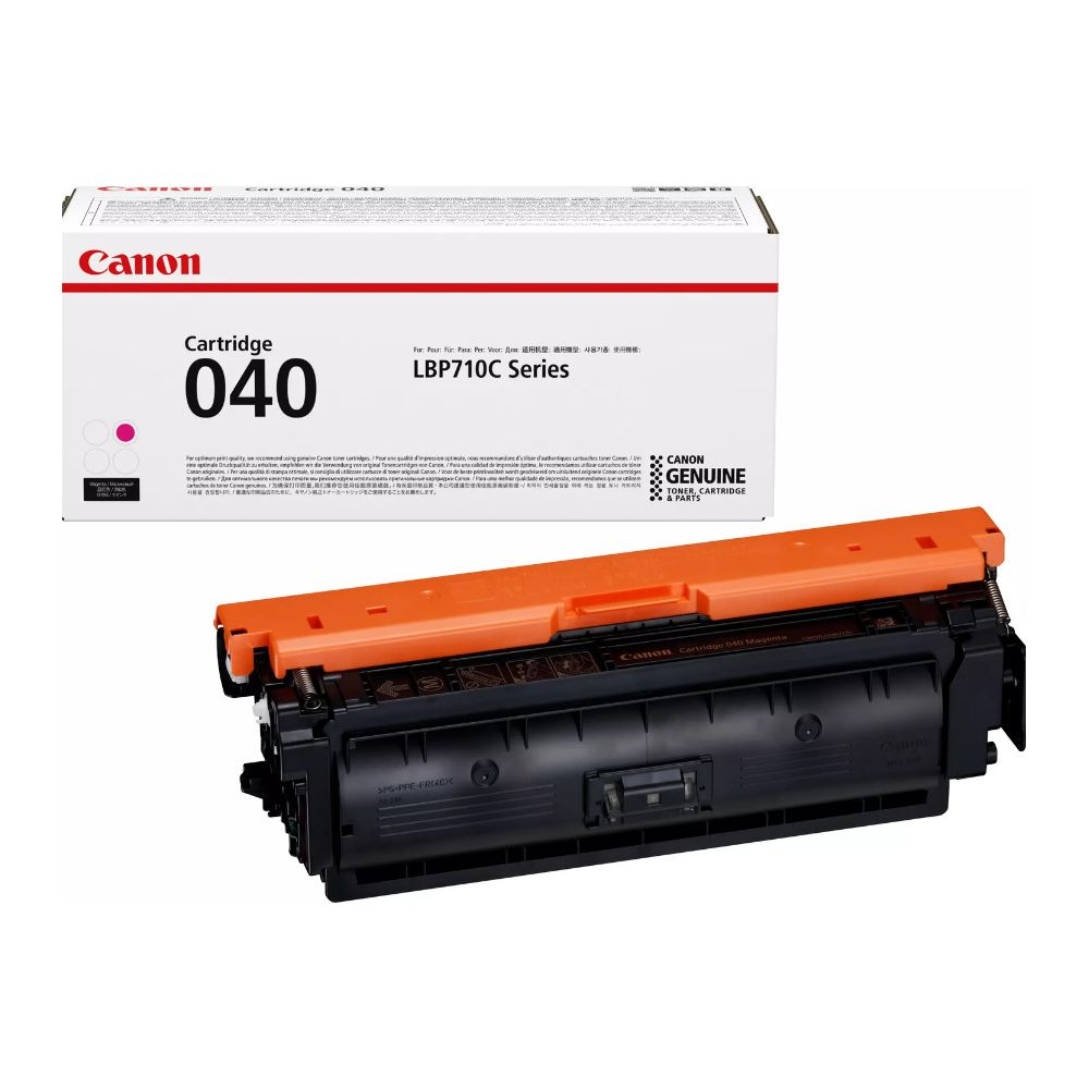 Toner Canon 040 Magenta i jego opakowanie na białym tle.