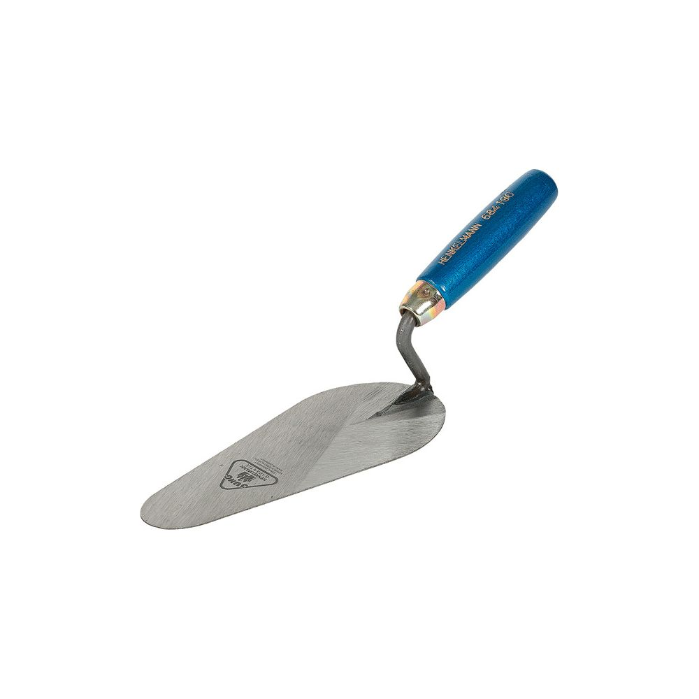 Eine Maurerkelle mit blauem Griff und Metallblatt.