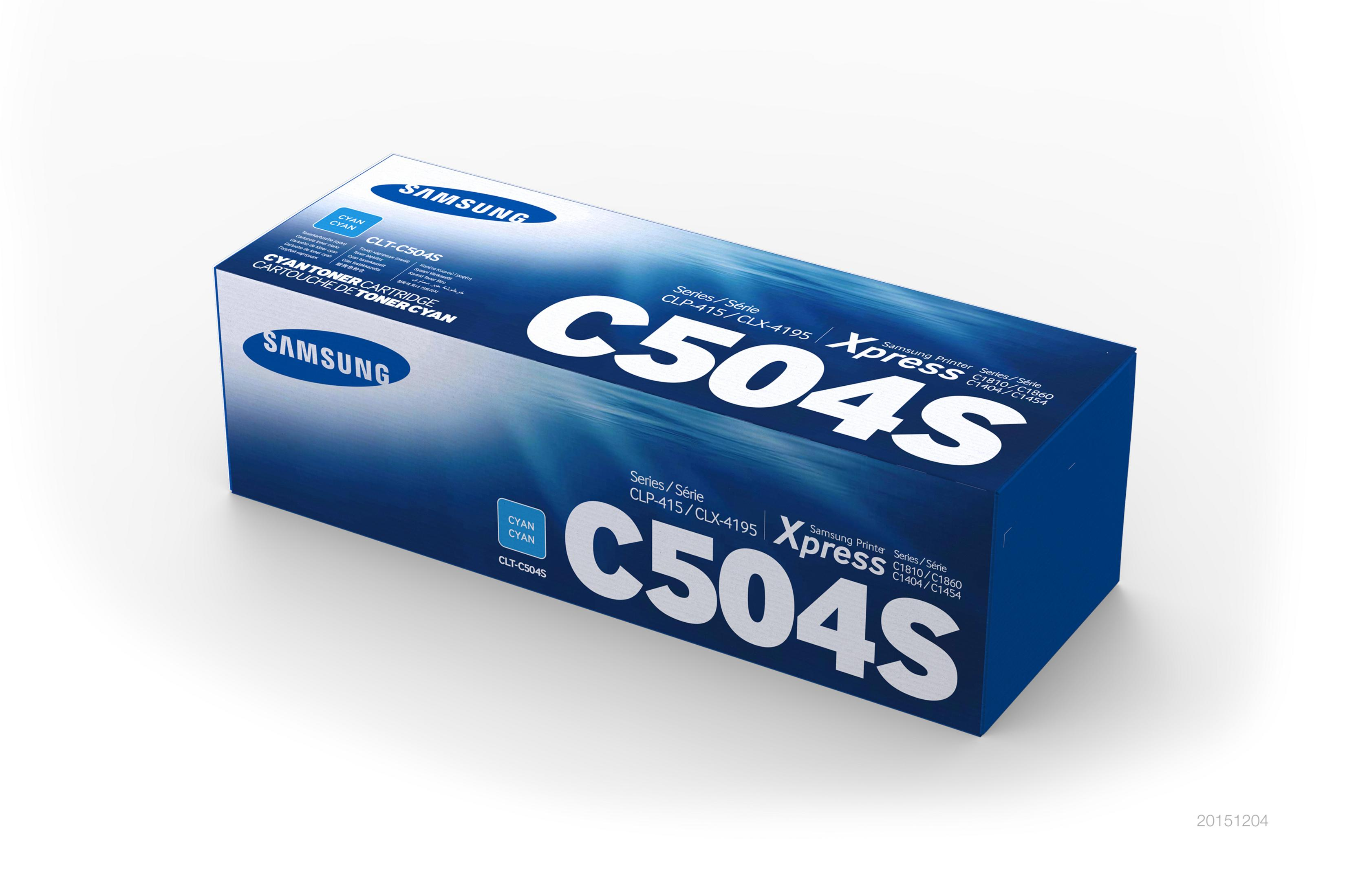Scatola cartuccia toner Samsung Cyan C504S. Blu con testo bianco.