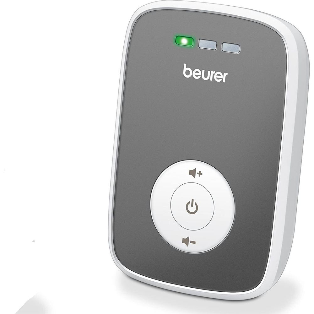 Un baby monitor Beurer grigio con pulsanti di accensione e volume.