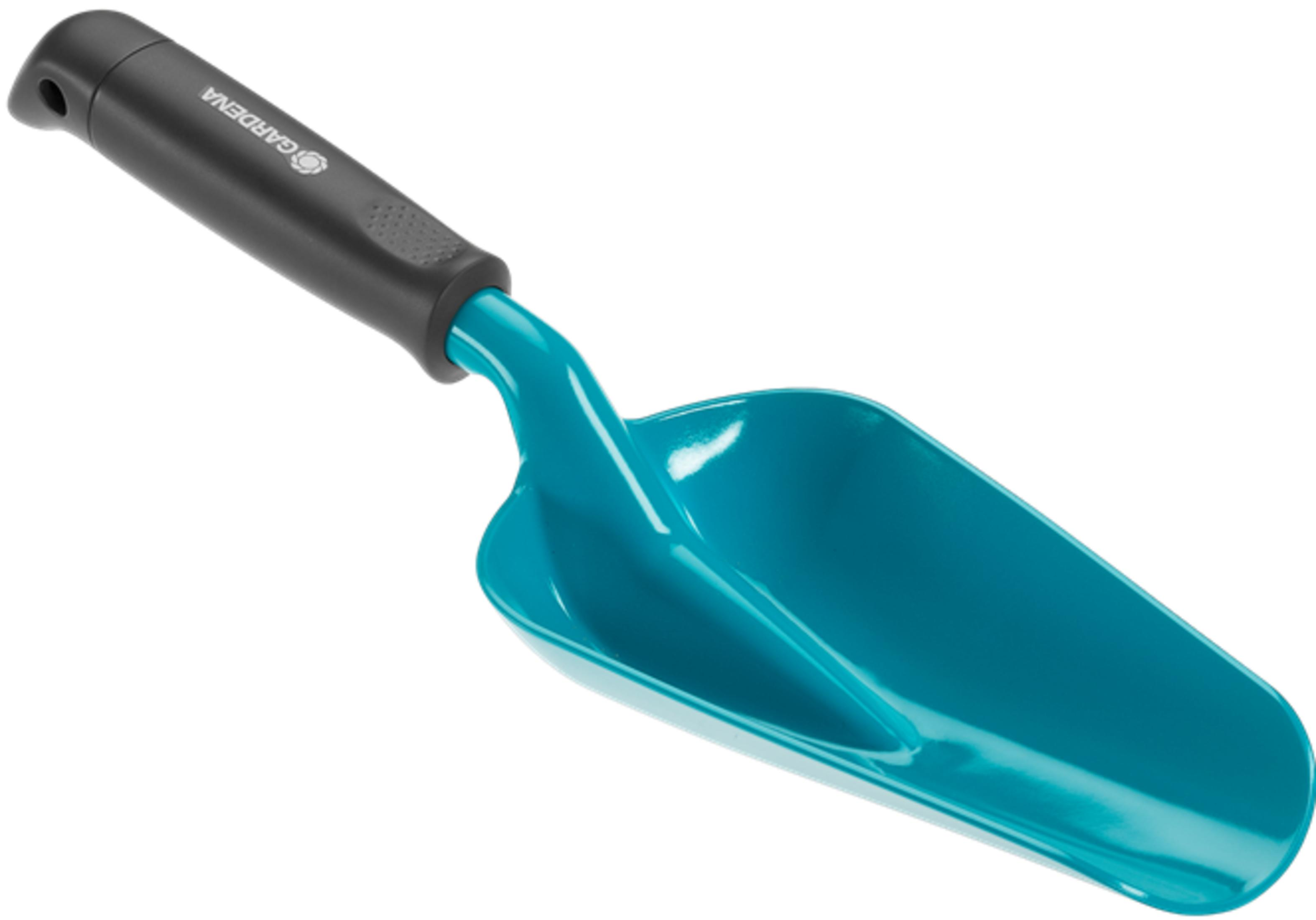 Una paleta de mano azul con mango negro y logo GARDENA.