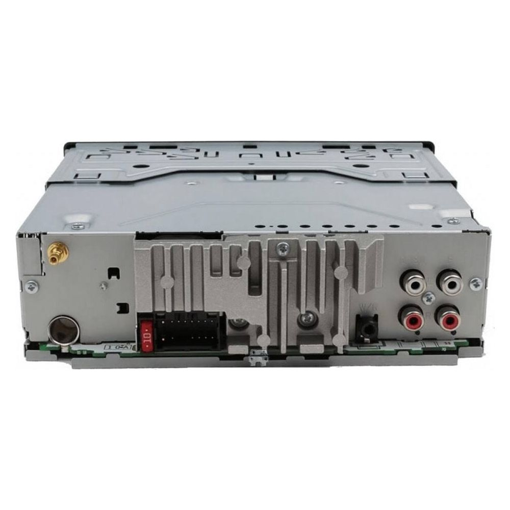 Arrière d'une autoradio montrant les connexions RCA, d'alimentation et d'antenne.