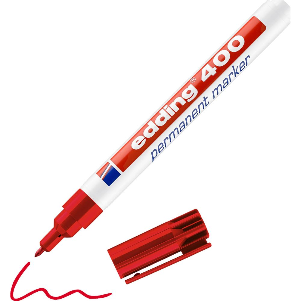 Ein roter Edding 400 Permanentmarker mit abgezogener Kappe und roter Linie.