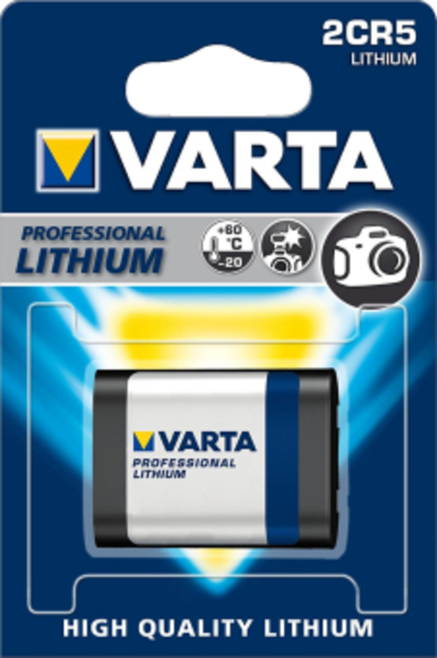 Varta 2CR5 lithium battery in packaging with camera icon.