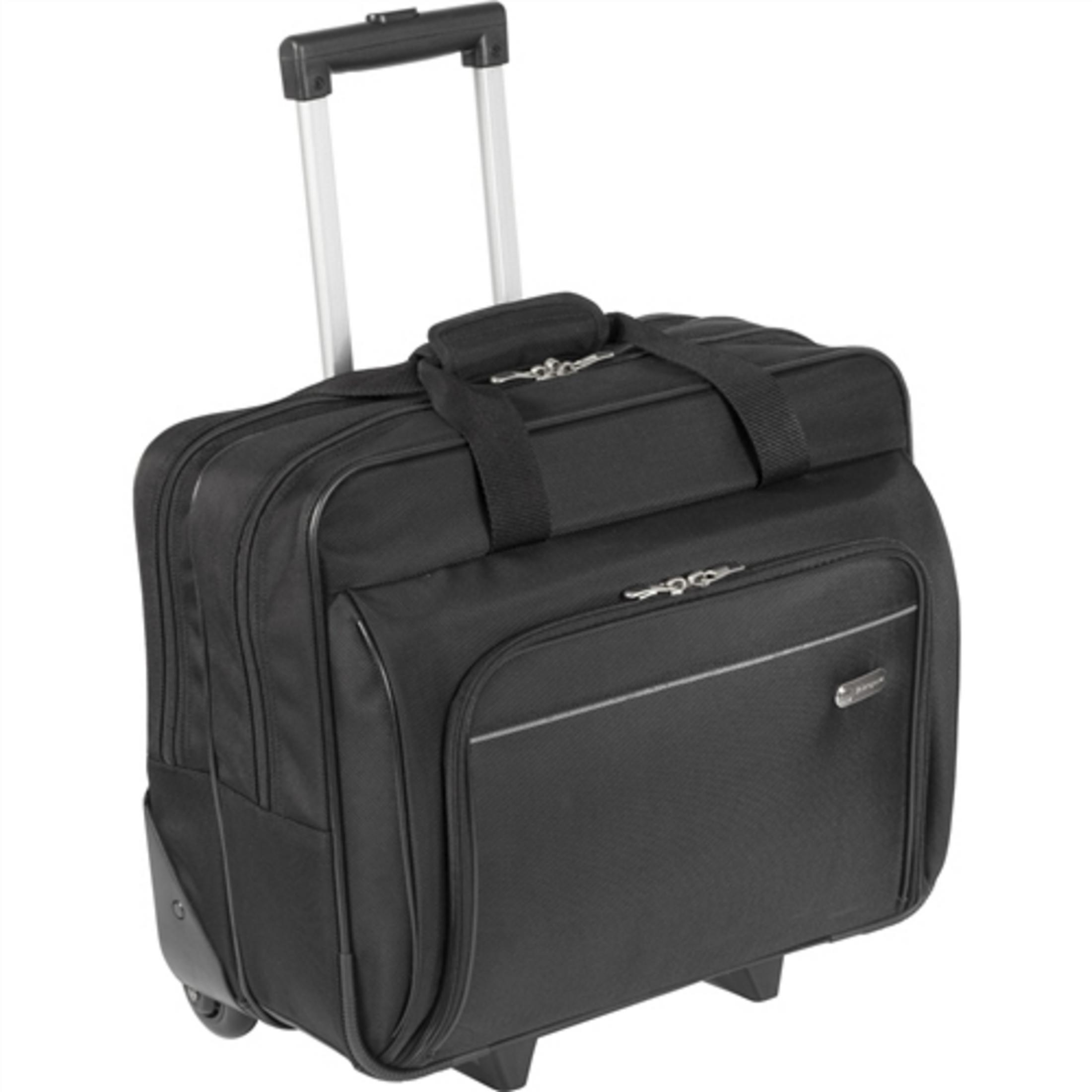 Bolso de viaje negro con ruedas y asa retráctil.