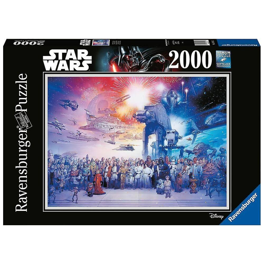 Puzzle Star Wars z wieloma postaciami, statkami kosmicznymi i eksplozjami.
