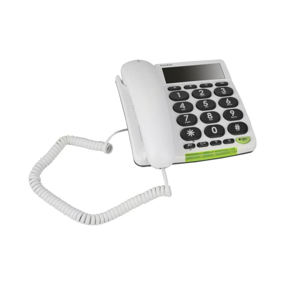Ein weißes Schnurtelefon mit großem Tastenfeld und Display.