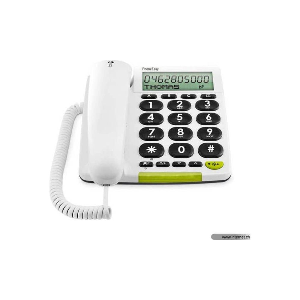 Ein weißes Schnurtelefon mit nummerierter Tastatur und grünem Akzent.