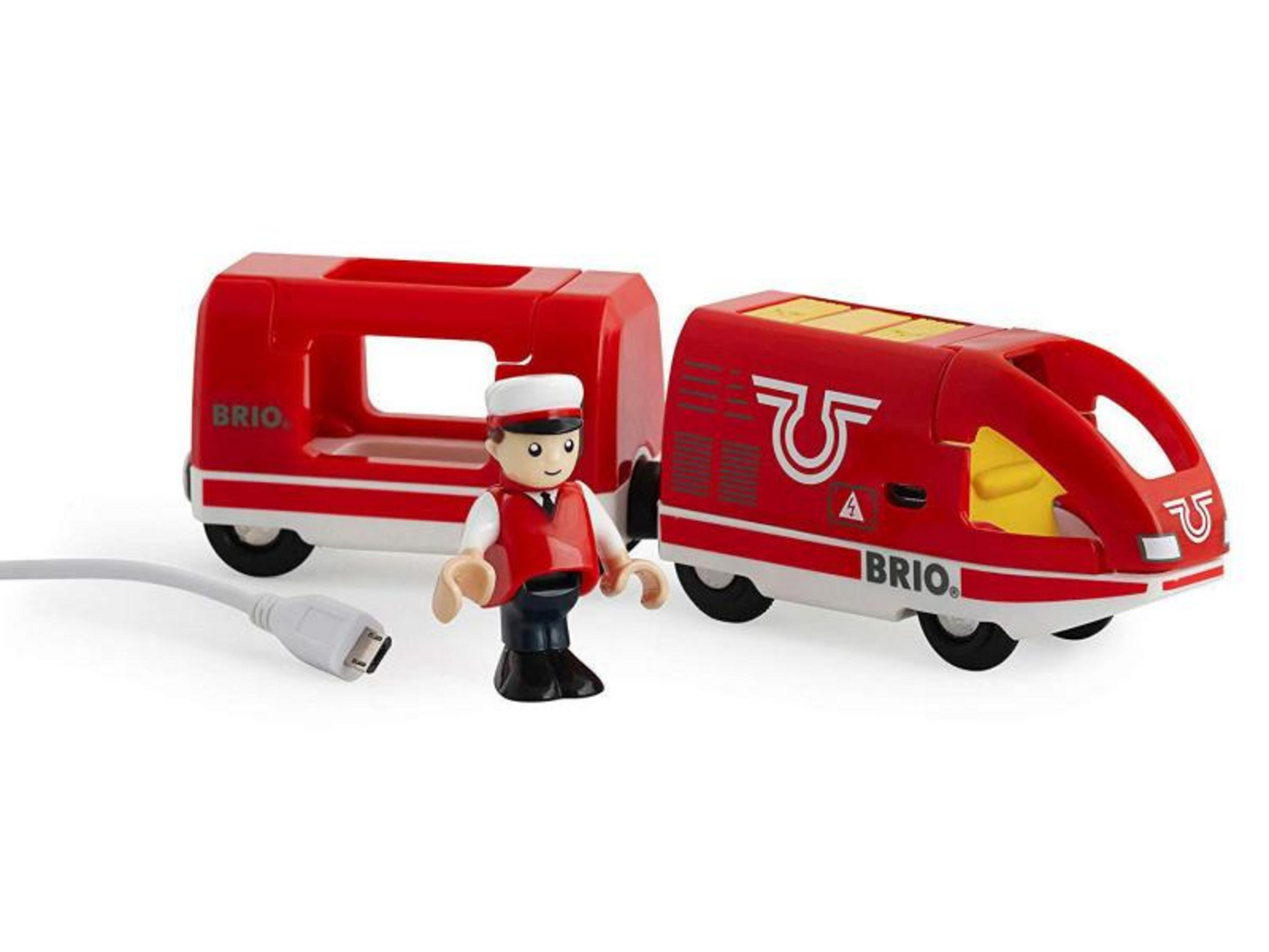 Czerwony pociąg zabawkowa BRIO z konduktorem i kablem USB.