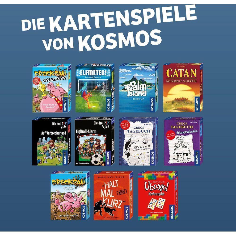 Couvertures de jeux de cartes Kosmos, dont Catan, Ubongo et Journal d'un dégonflé.