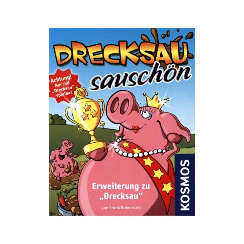 Une truie rose avec une couronne tient un trophée. Un cochon dans la boue.