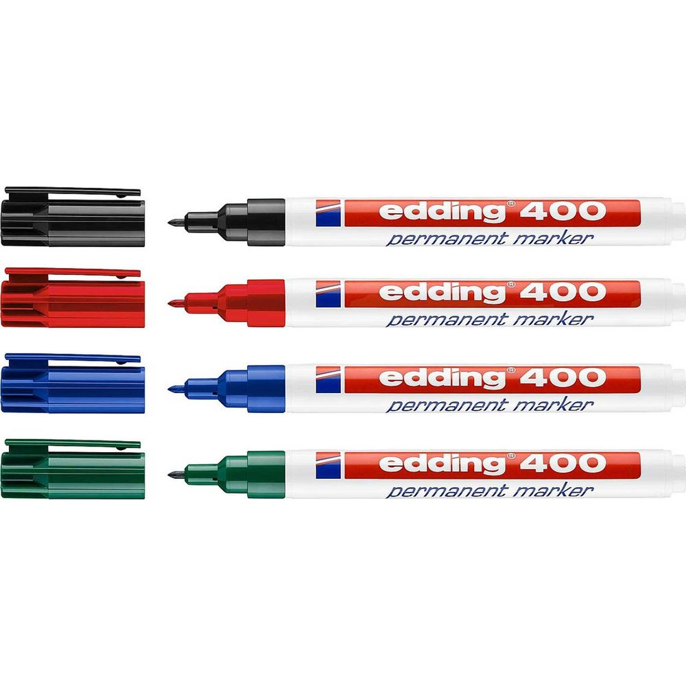 Vier Edding 400 Permanentmarker in Schwarz, Rot, Blau und Grün.