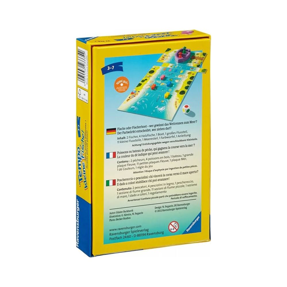 Scatola gioco con tabellone, 2 pedine, pesci in legno, barca e dado.