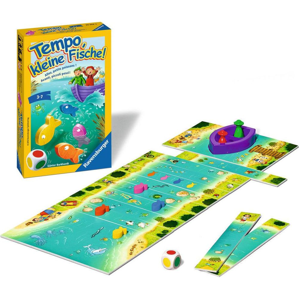 Gioco da tavolo con pesci colorati, una barca e pedine su un fiume.