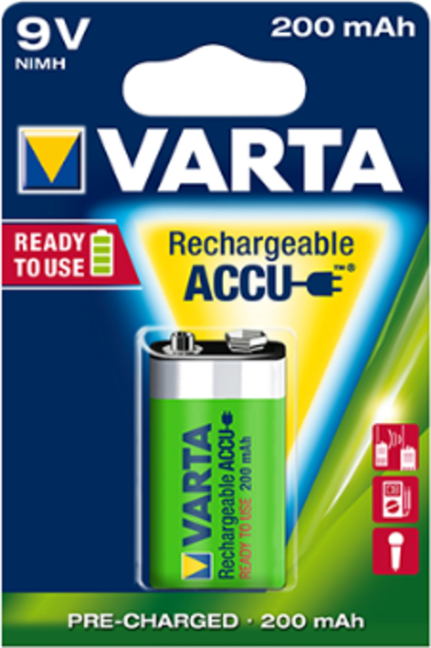 Varta 9V NIMH rechargeable battery, 200 mAh, green, READY TO USE.
