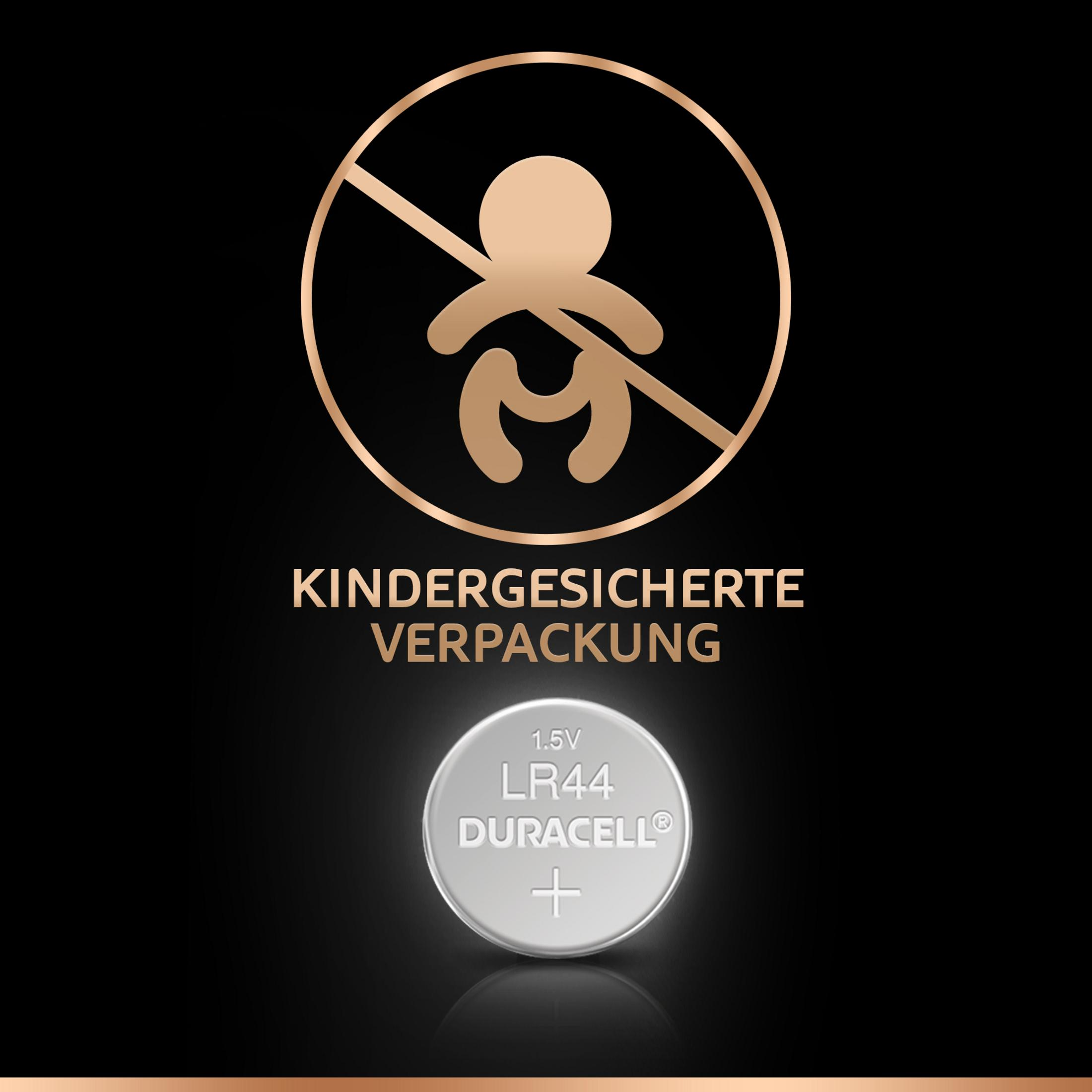 Child safety symbol and Duracell LR44 battery on a black background.