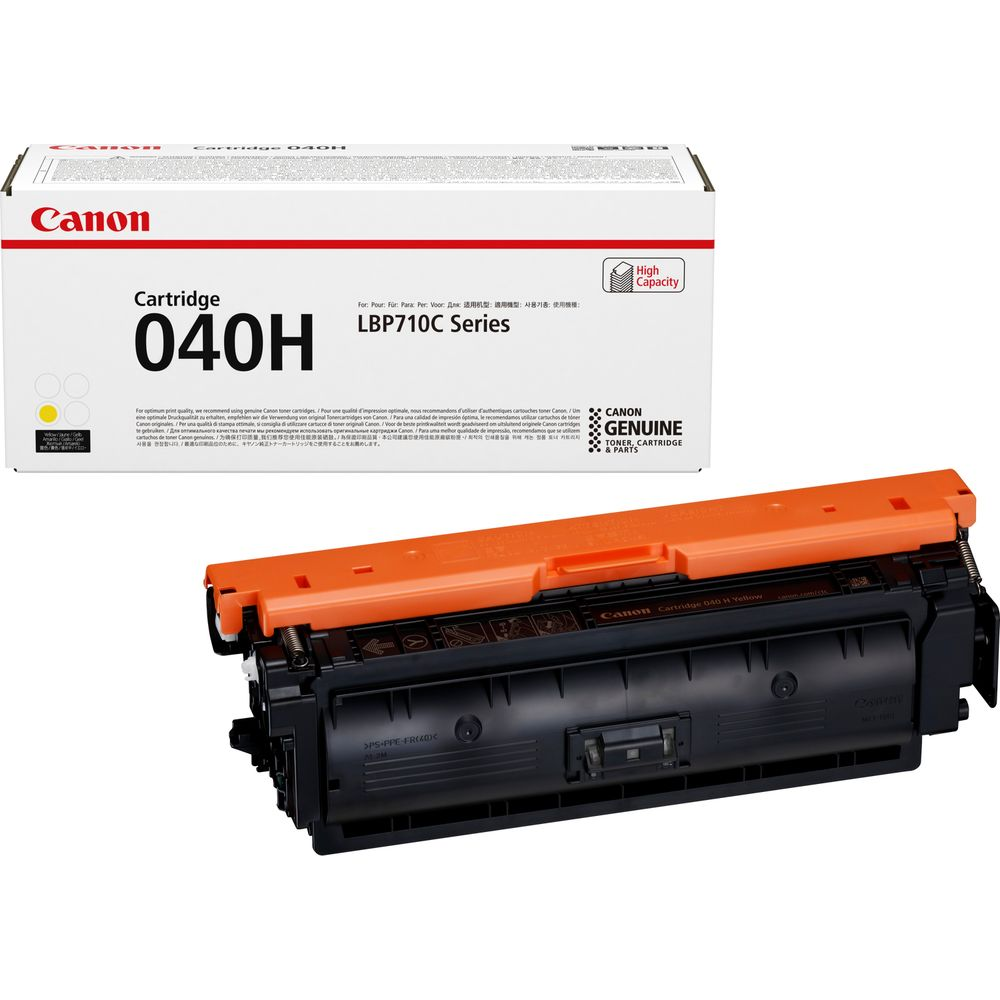 Canon 040H gele toner cartridge naast de doos met het label 'Hoge Capaciteit'.