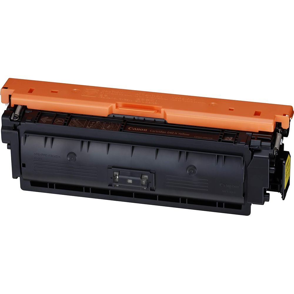 Gele Canon 040 H tonercartridge met oranje deksel, geïsoleerd op witte achtergrond.