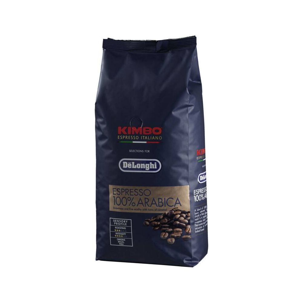Eine dunkle Kaffeetüte von Kimbo, Espresso Italiano, 100% Arabica.