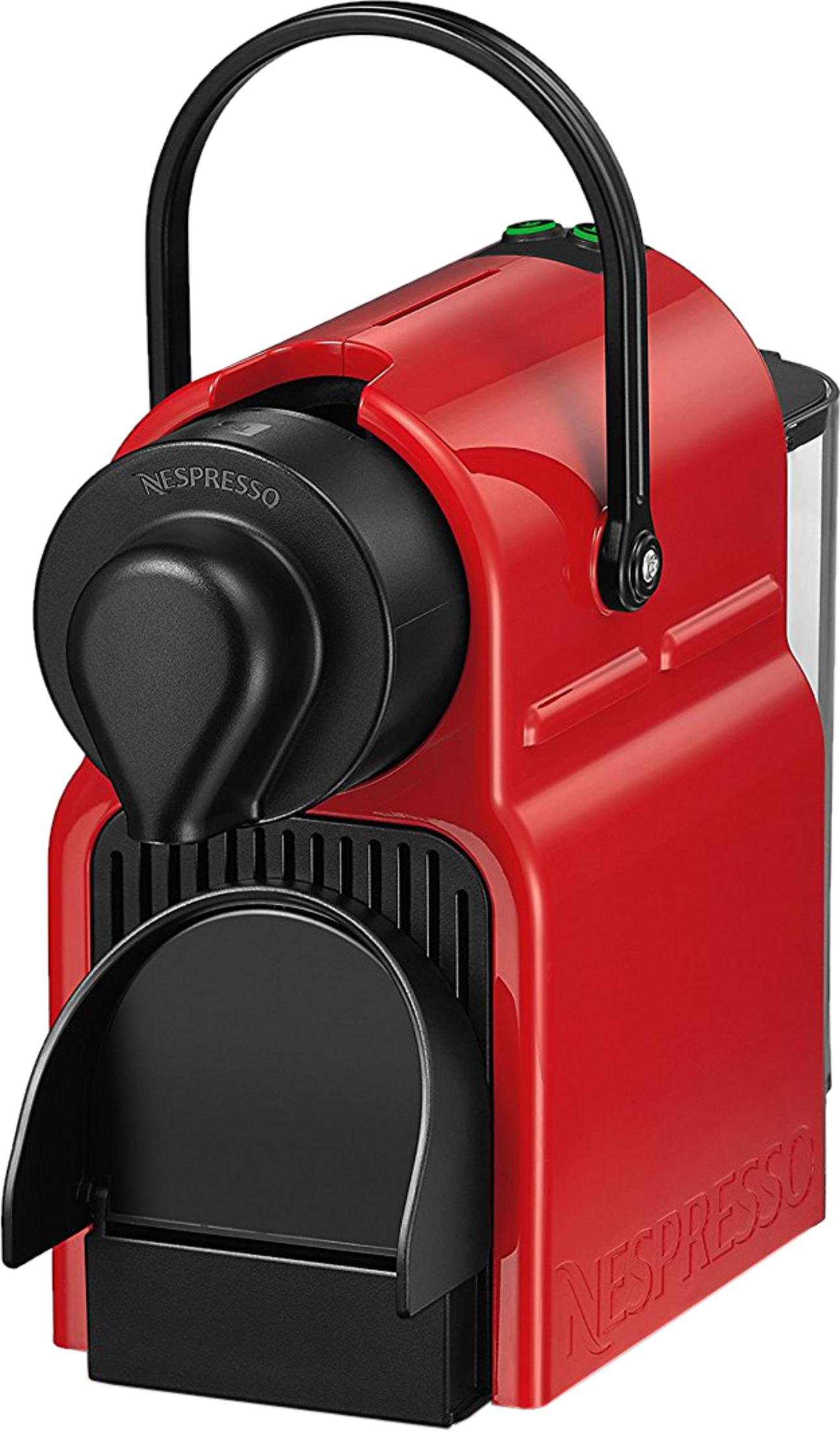 Macchina da caffè Nespresso rossa con manico nero e vaschetta raccogligocce.