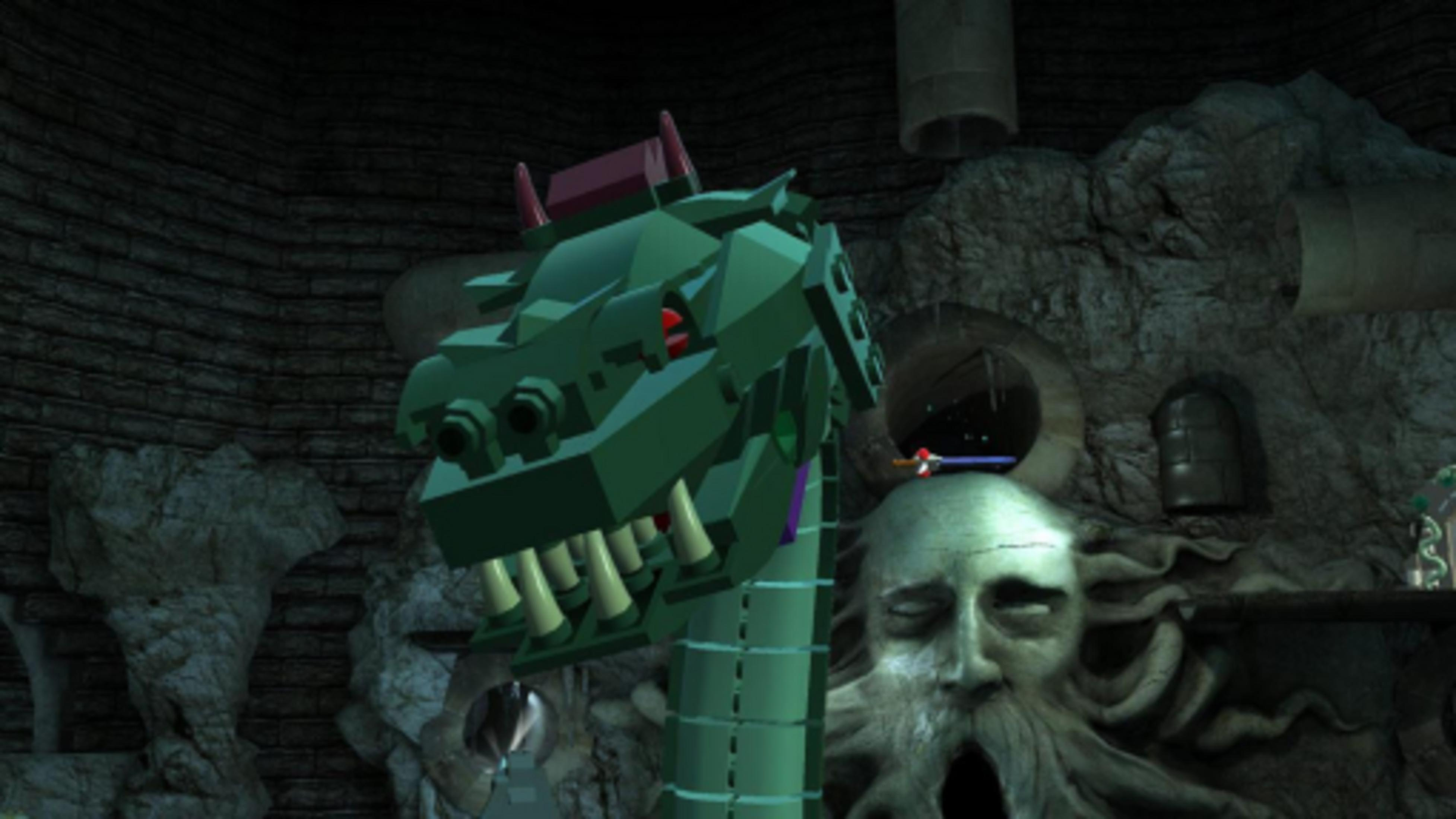Un drago Lego verde con occhi rossi e corna si erge davanti a una parete rocciosa con un volto.