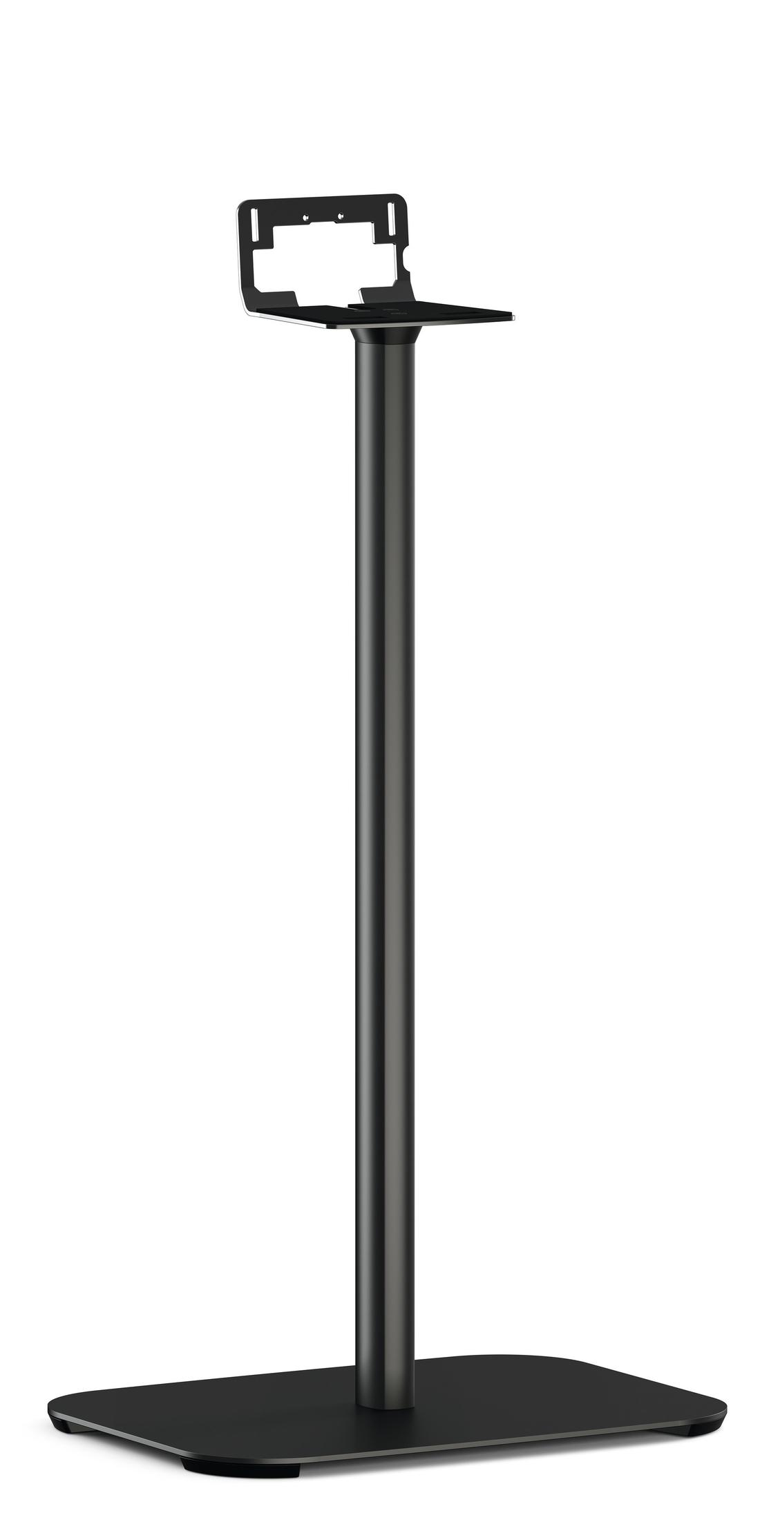 Czarny stojak pod głośnik z płaską podstawą i smukłym słupkiem.