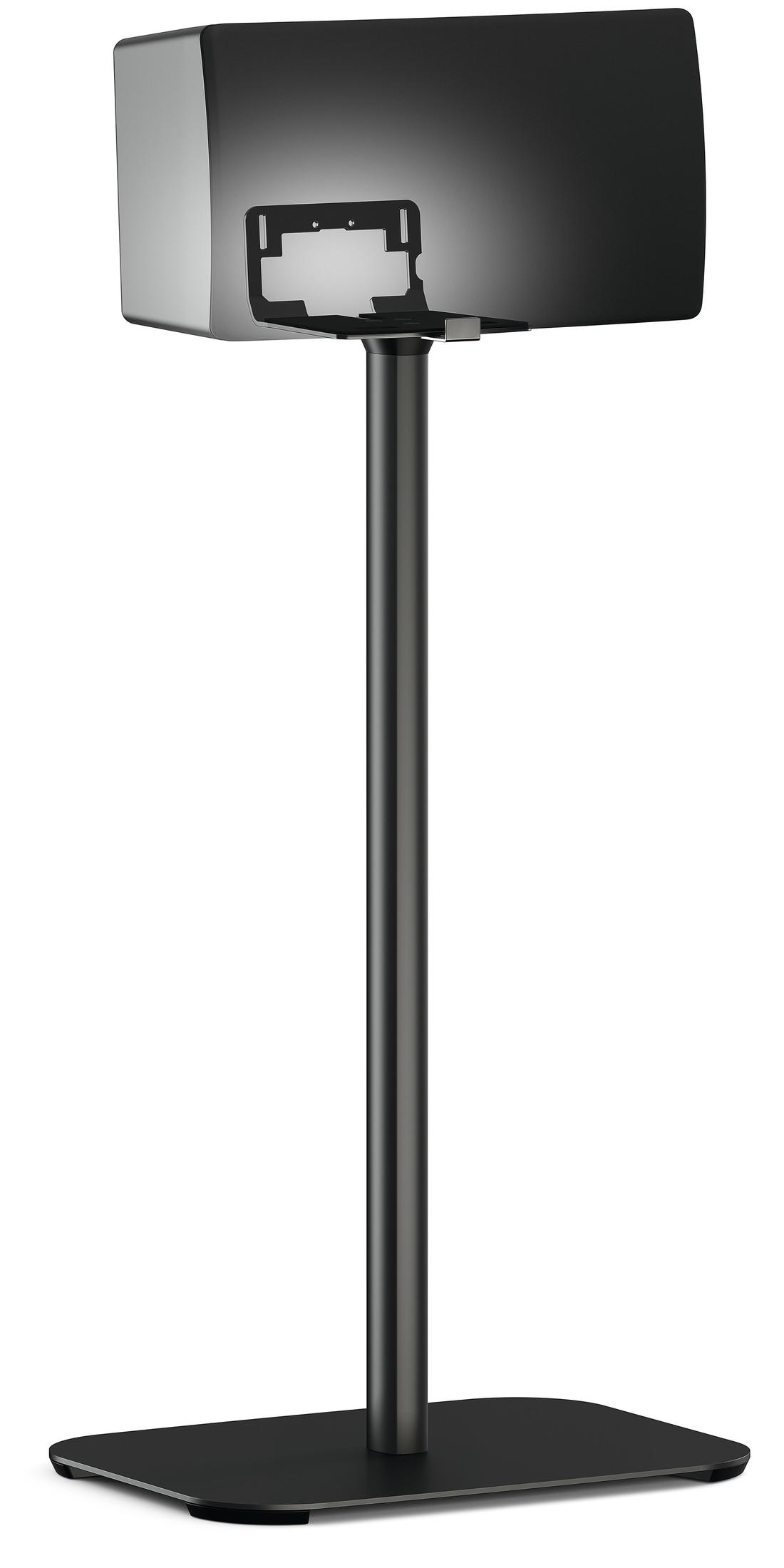 Czarny stojak pod głośnik z prostokątną podstawą i smukłym słupkiem.