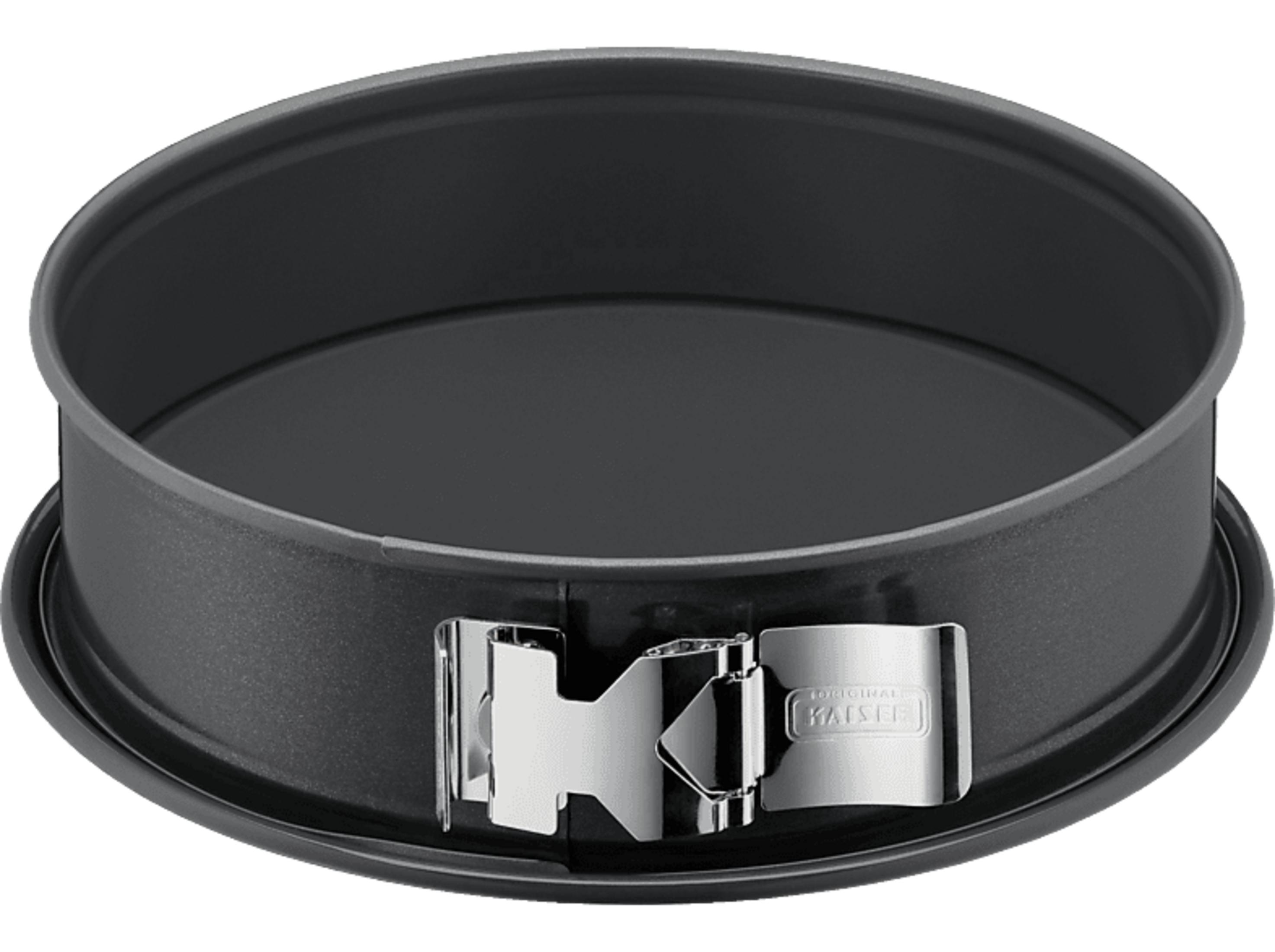 Szara okrągła forma do pieczenia z srebrnym zamknięciem i grawerem.