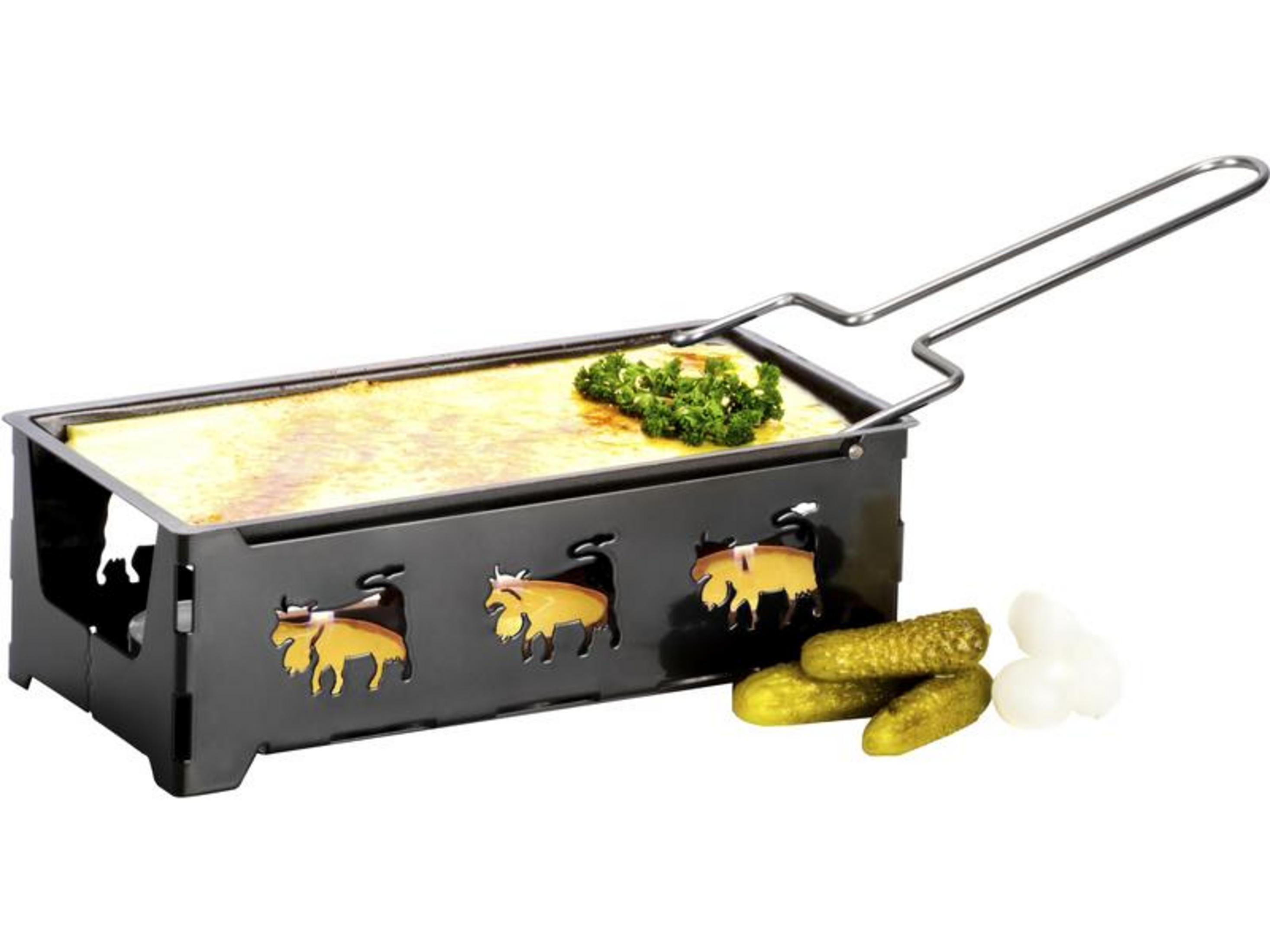 Ein Raclette-Grill mit geschmolzenem Käse, Garnitur und Essiggurken.
