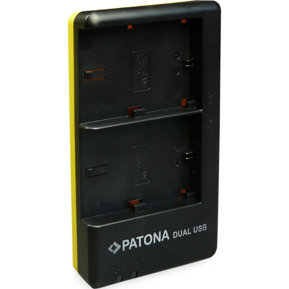 Ein gelber und schwarzer Dual-USB-Ladegerät von Patona.