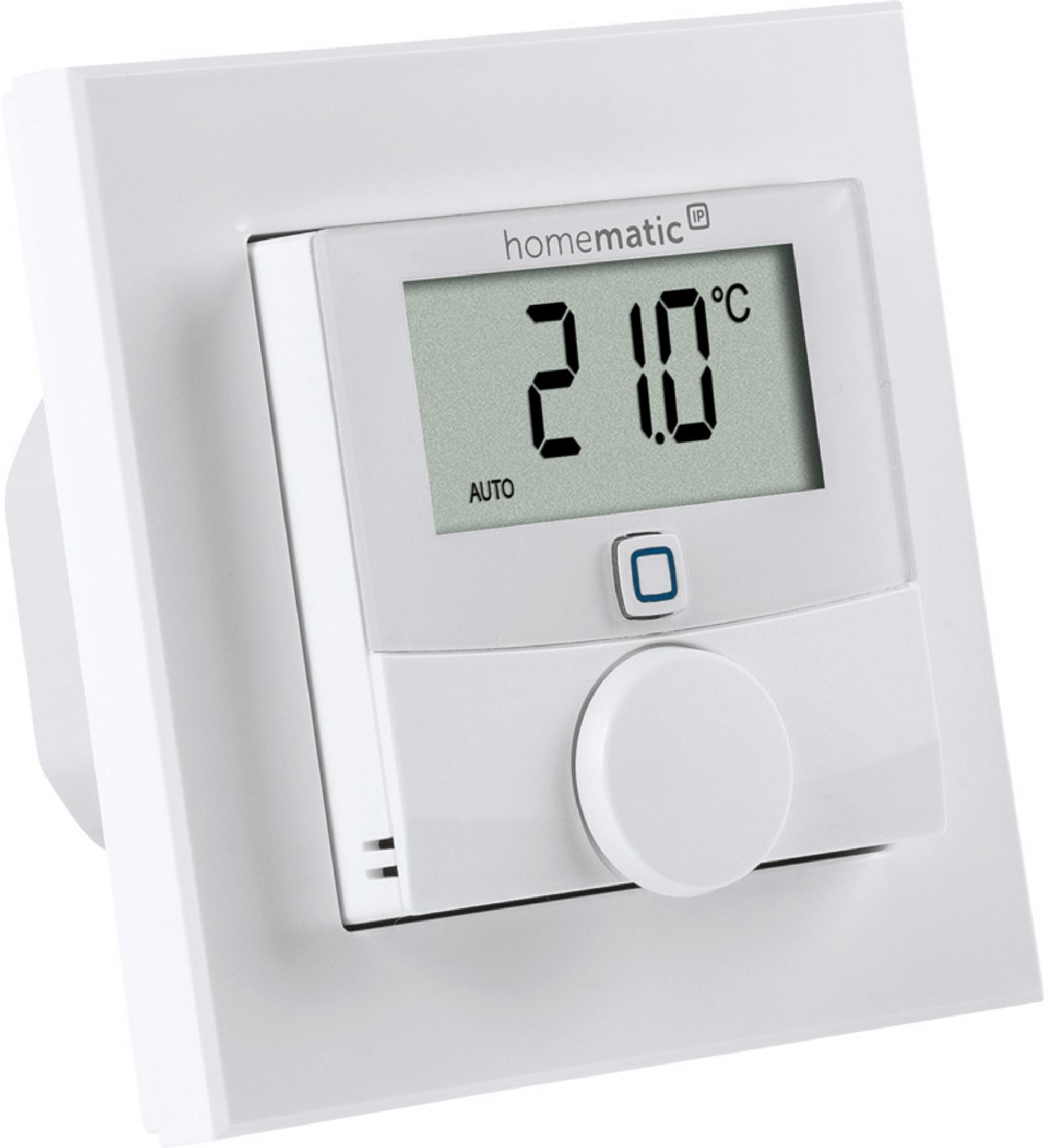 Ein weißer Homematic IP Thermostat zeigt 21.0°C an, mit AUTO Modus.