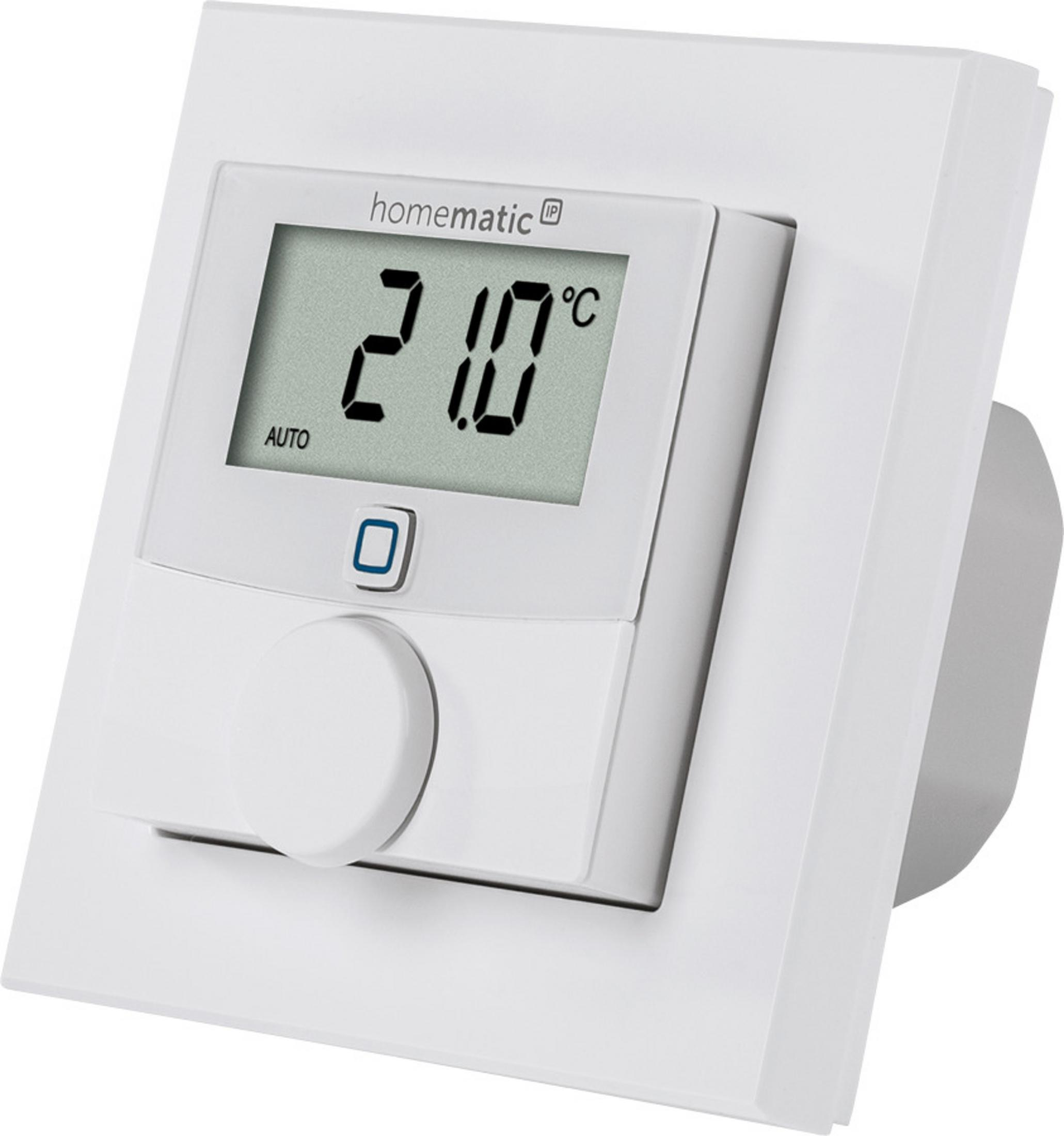 Ein weißer Thermostat mit digitaler Anzeige zeigt 21,0 Grad Celsius.