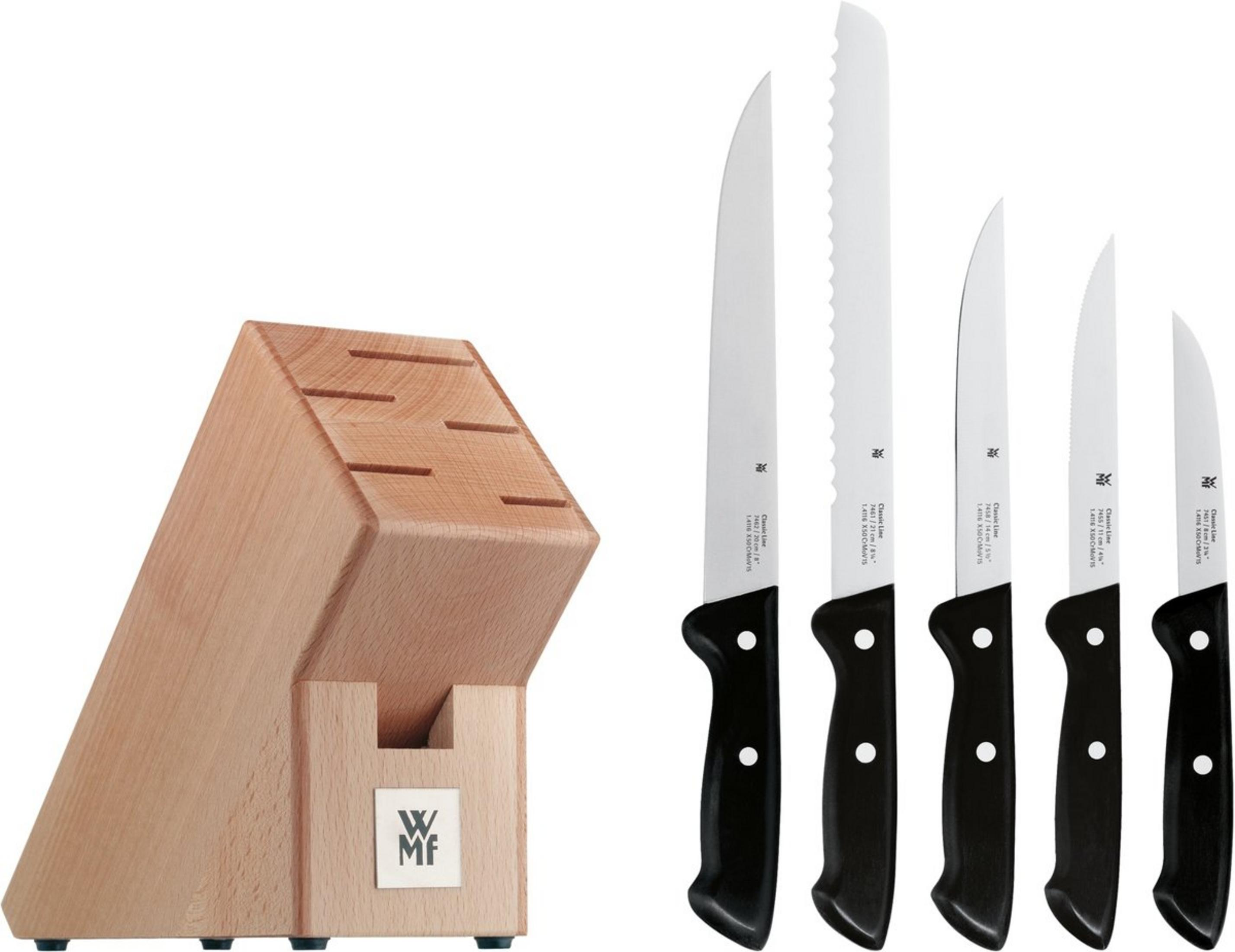 Holzmesserblock mit fünf Messern in verschiedenen Größen und Klingentypen.