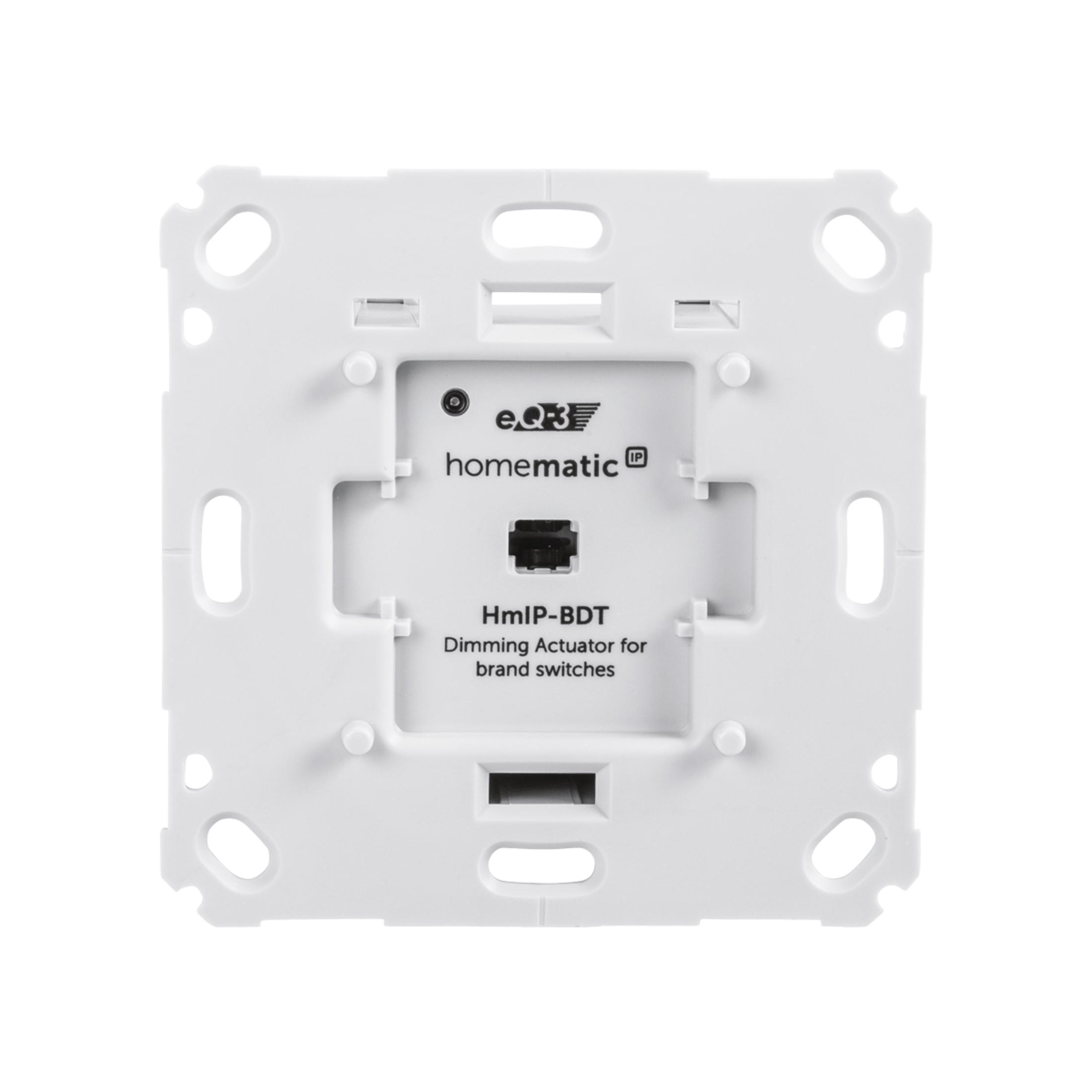 Weiße Homematic IP Dimming-Aktuator-Einheit mit Beschriftung auf weißem Hintergrund.