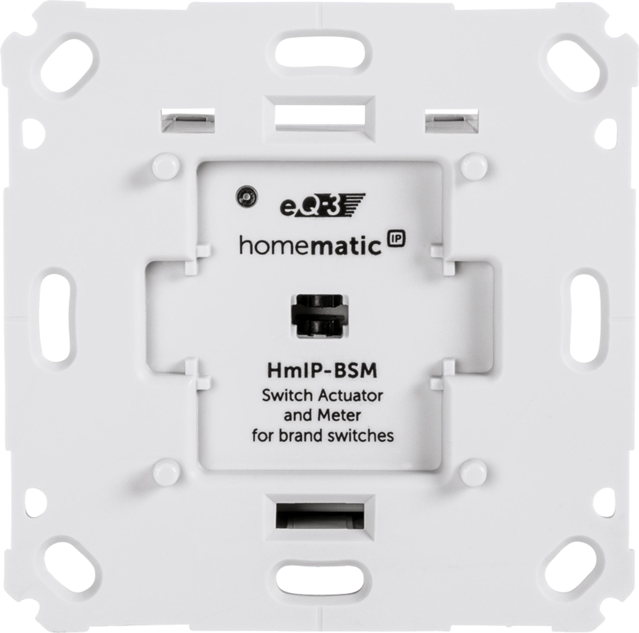 Weiße Rückseite eines Homematic IP-BSM Schalter Aktors und Messgeräts.