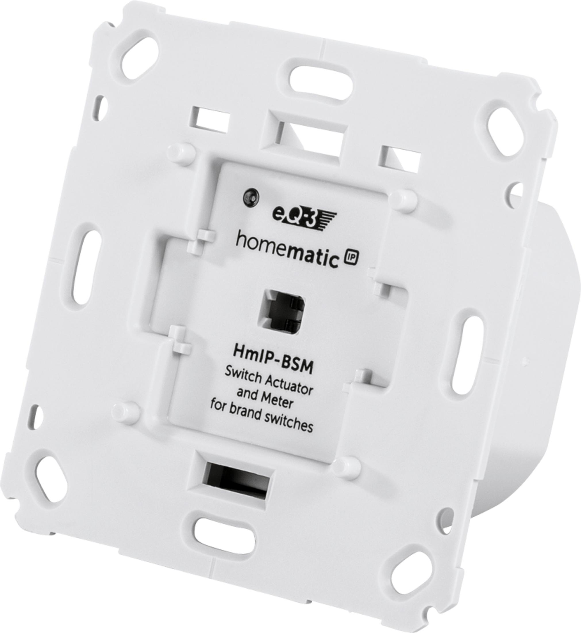 Weiße Rückseite eines Homematic IP HMiP-BSM Schalters mit Beschriftung.