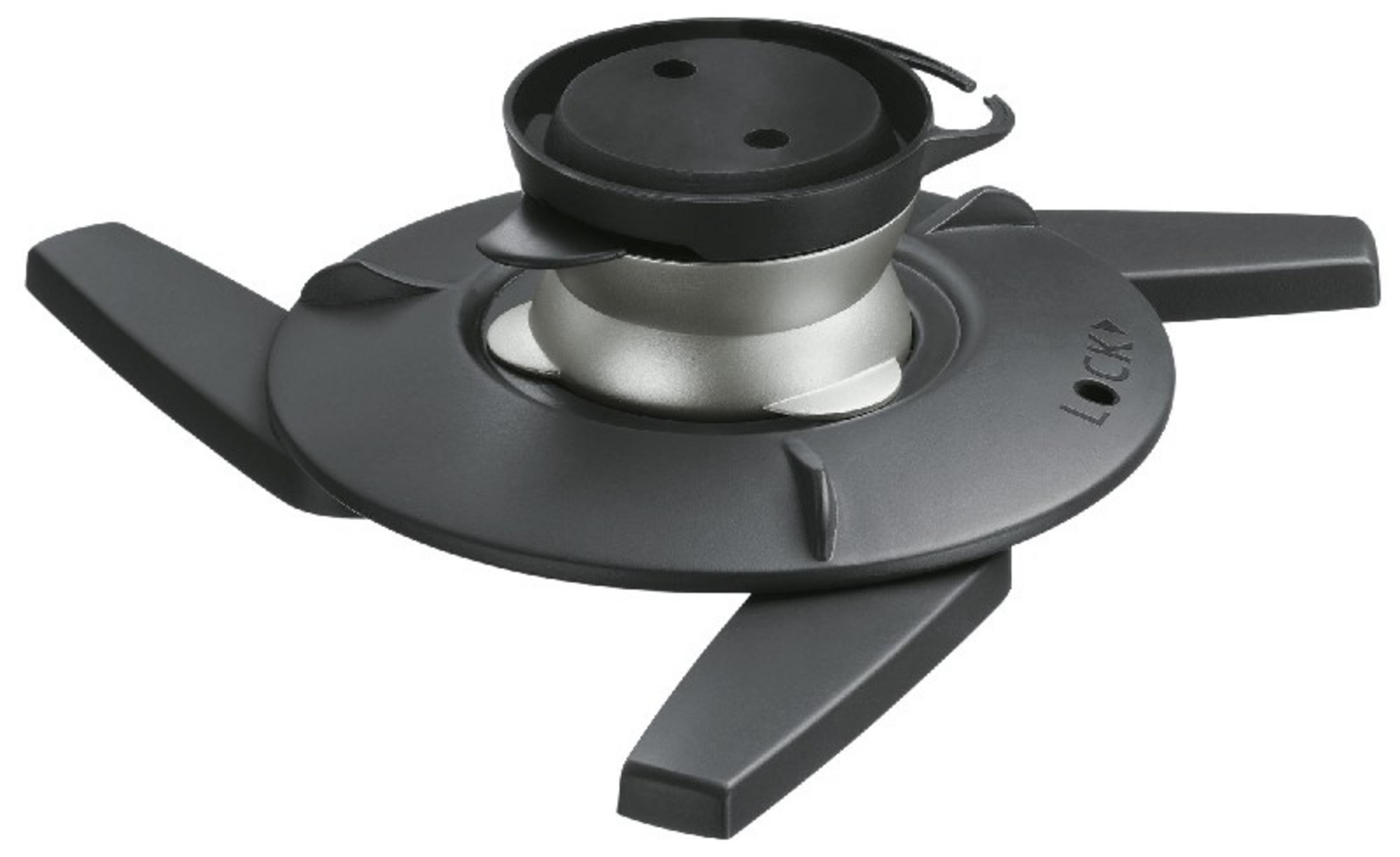 Czarny dodatek kuchenny z trzema nogami i mechanizmem blokującym.