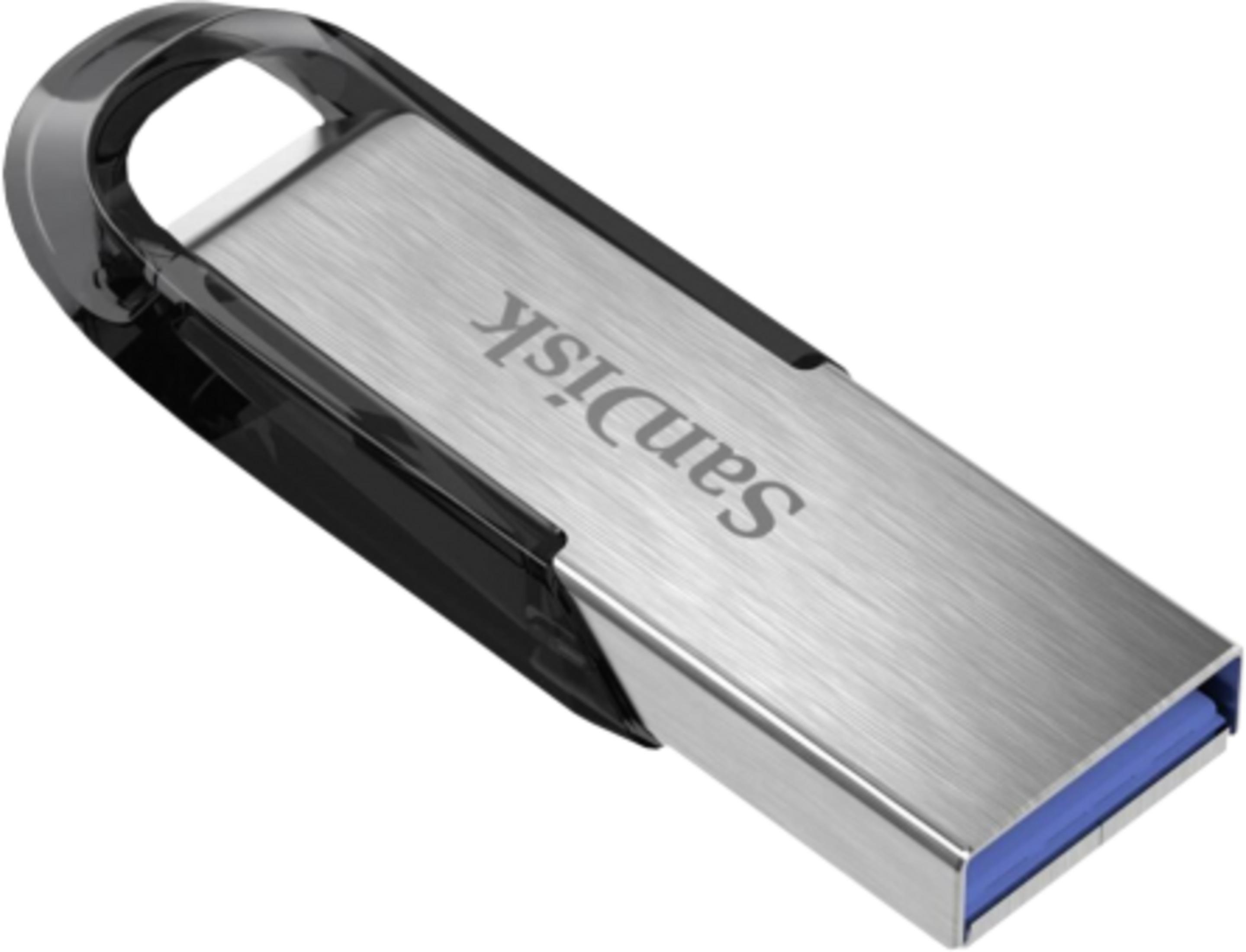 Pen drive argentato con cappuccio nero e connettore blu.