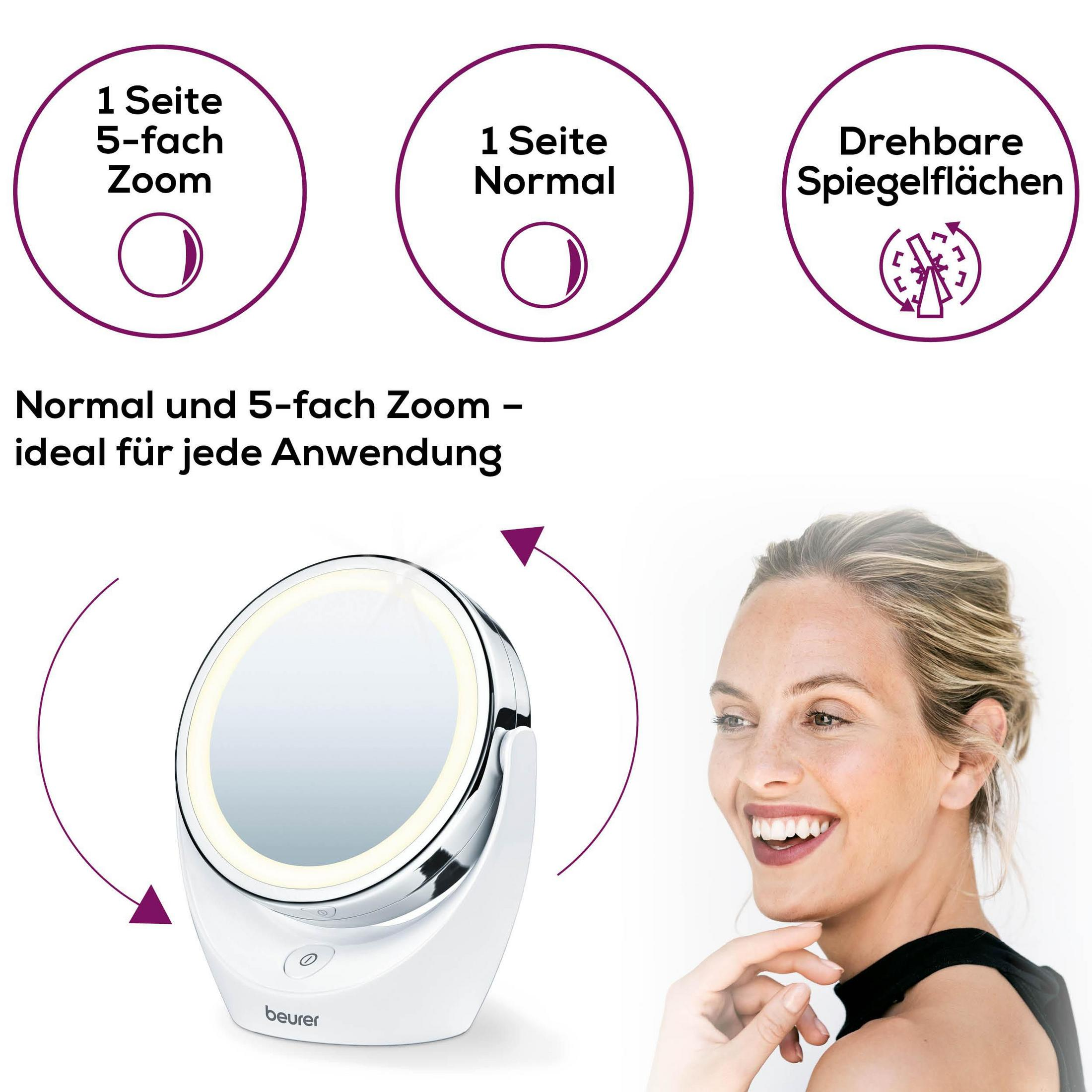 Beleuchteter Kosmetikspiegel mit 5-fach Zoom und normaler Ansicht.