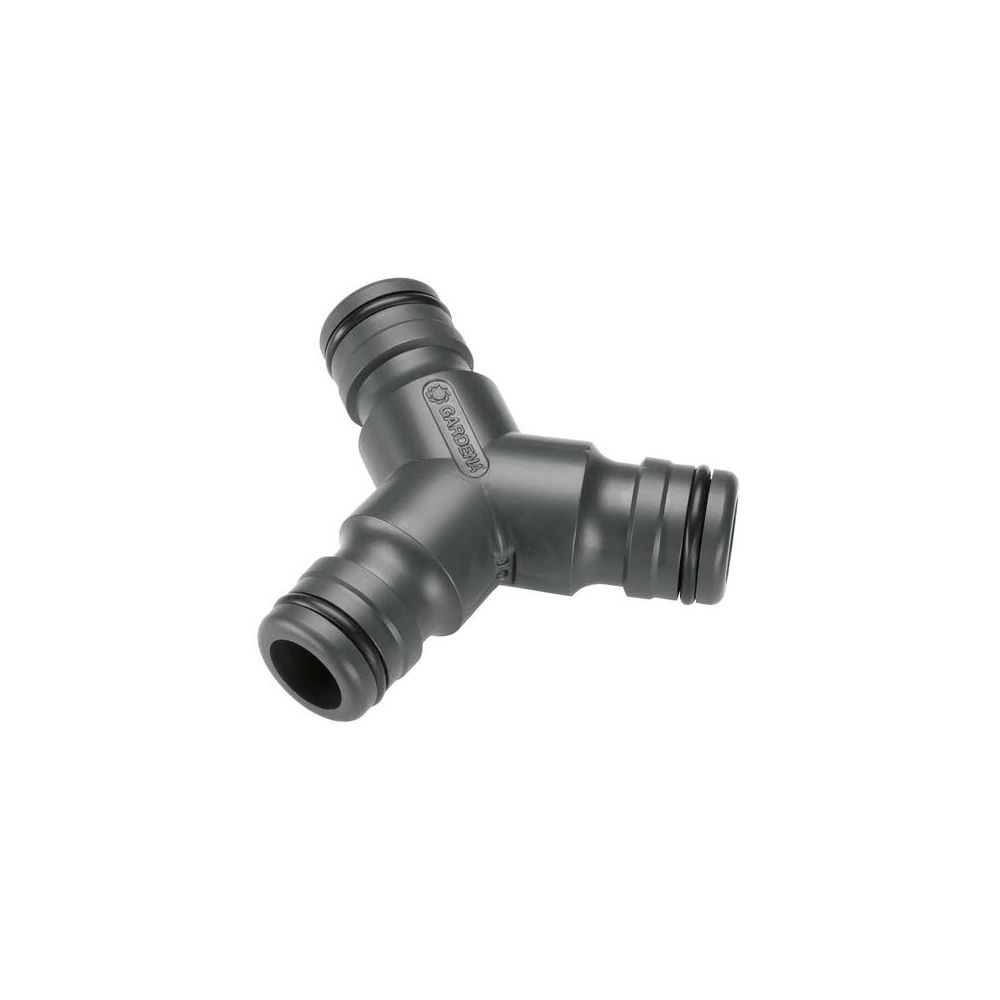 Grijze Y-connector met Gardena-logo, op witte achtergrond.