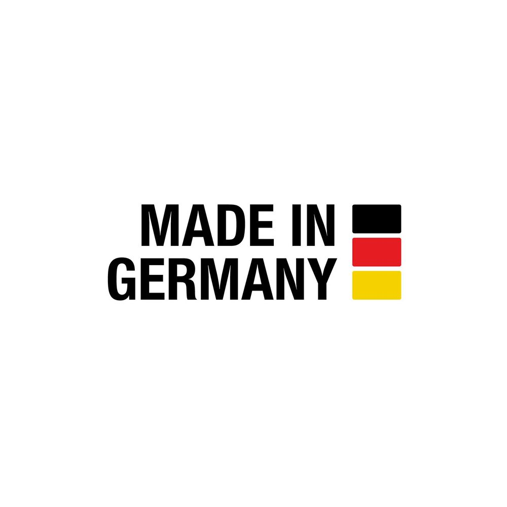 Tekst 'Made in Germany' met Duitse vlagkleuren.