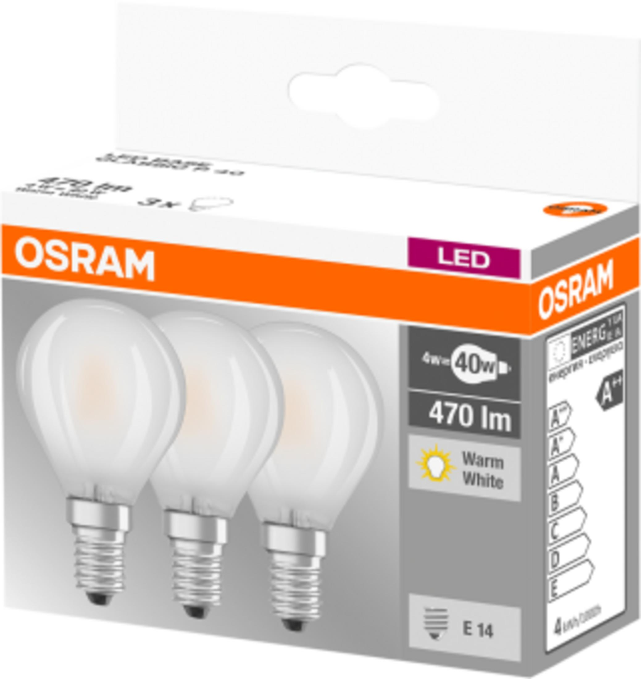 Żarówki LED Osram, opakowanie 3 szt., E14, 4W, 470 lm, Ciepła Biel.