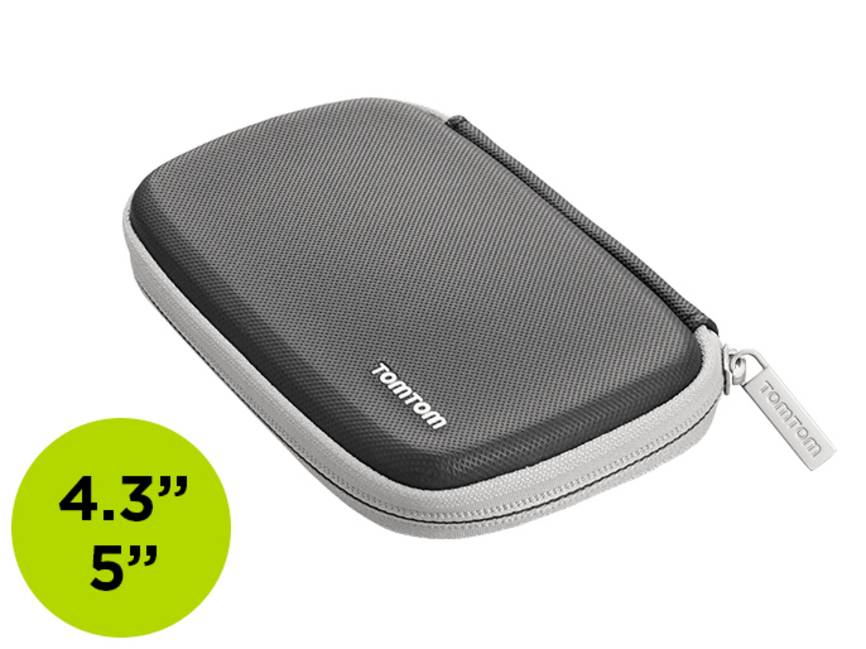 Graue TomTom-Tasche mit Reißverschluss und Größenangabe 4,3/5 Zoll.