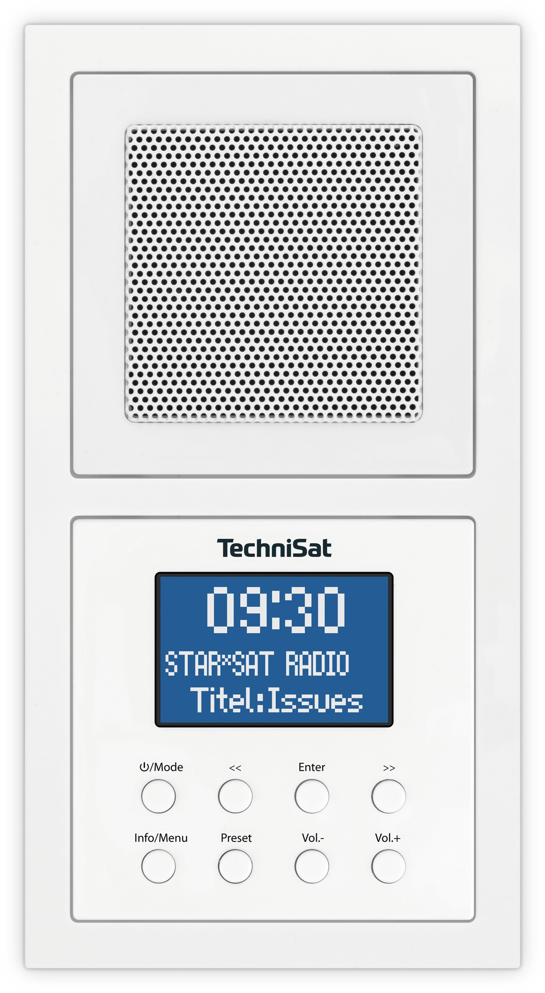 Una radio TechniSat bianca con altoparlante in alto e display blu.