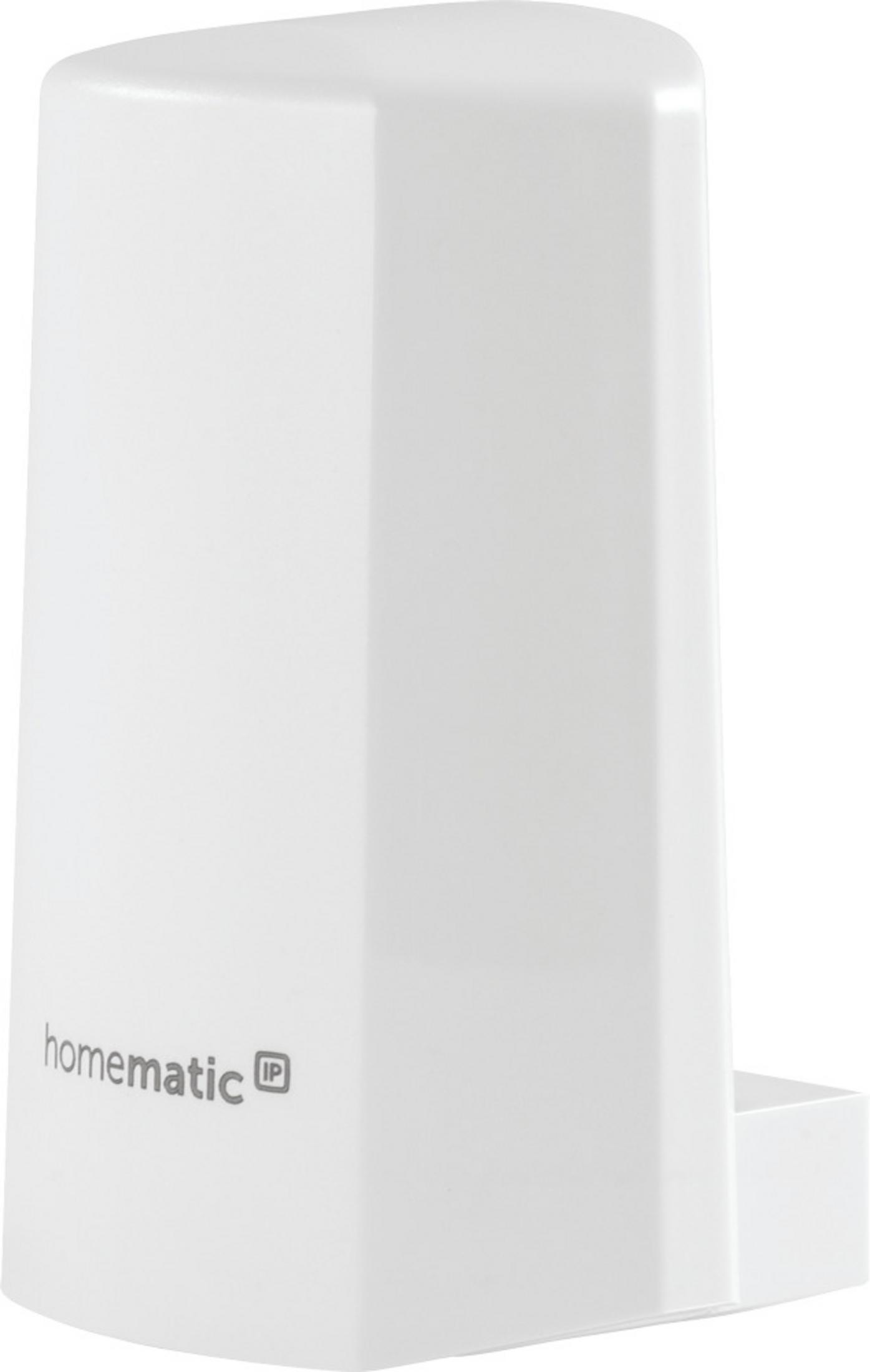 Weißes Homematic IP Gerät mit Logo, rechte Seite mit Aussparung.