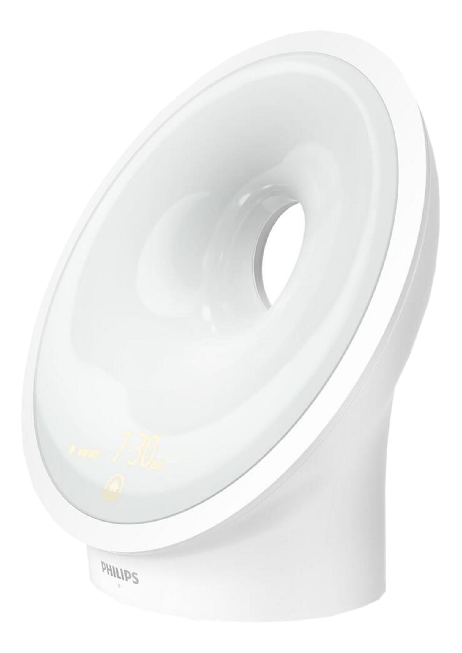 Biała lampa budzik Philips pokazująca 7:30.