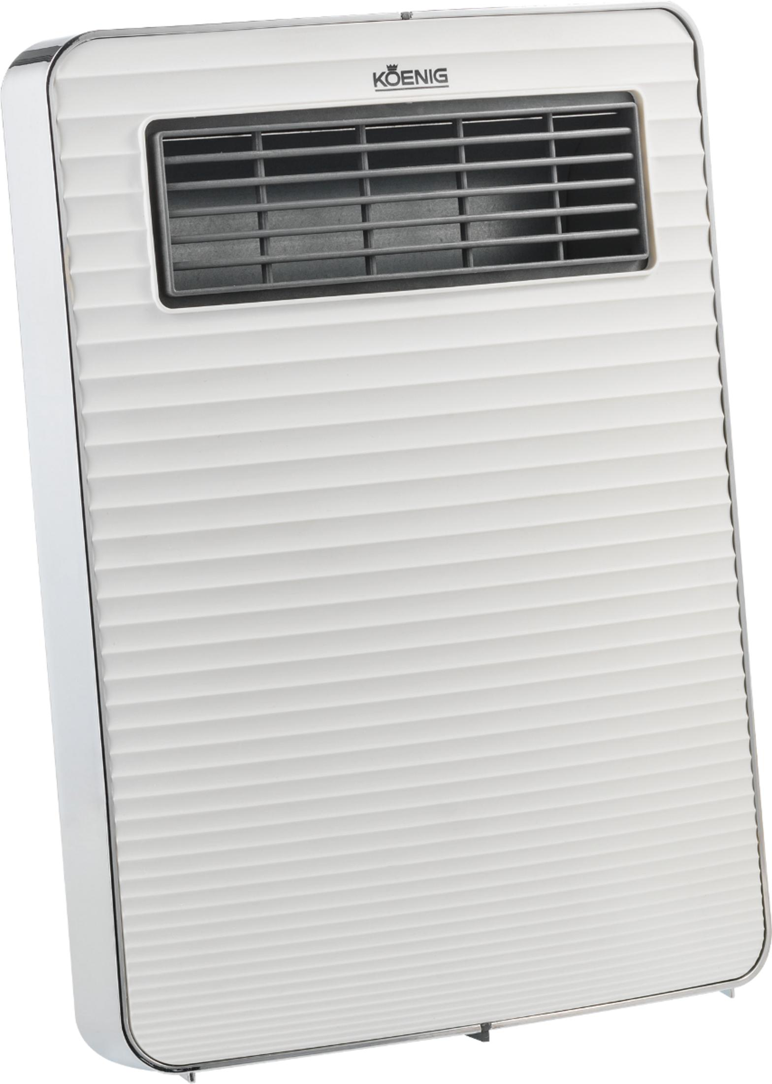 Un ventilateur blanc avec des nervures horizontales et une grille d'aération en haut.