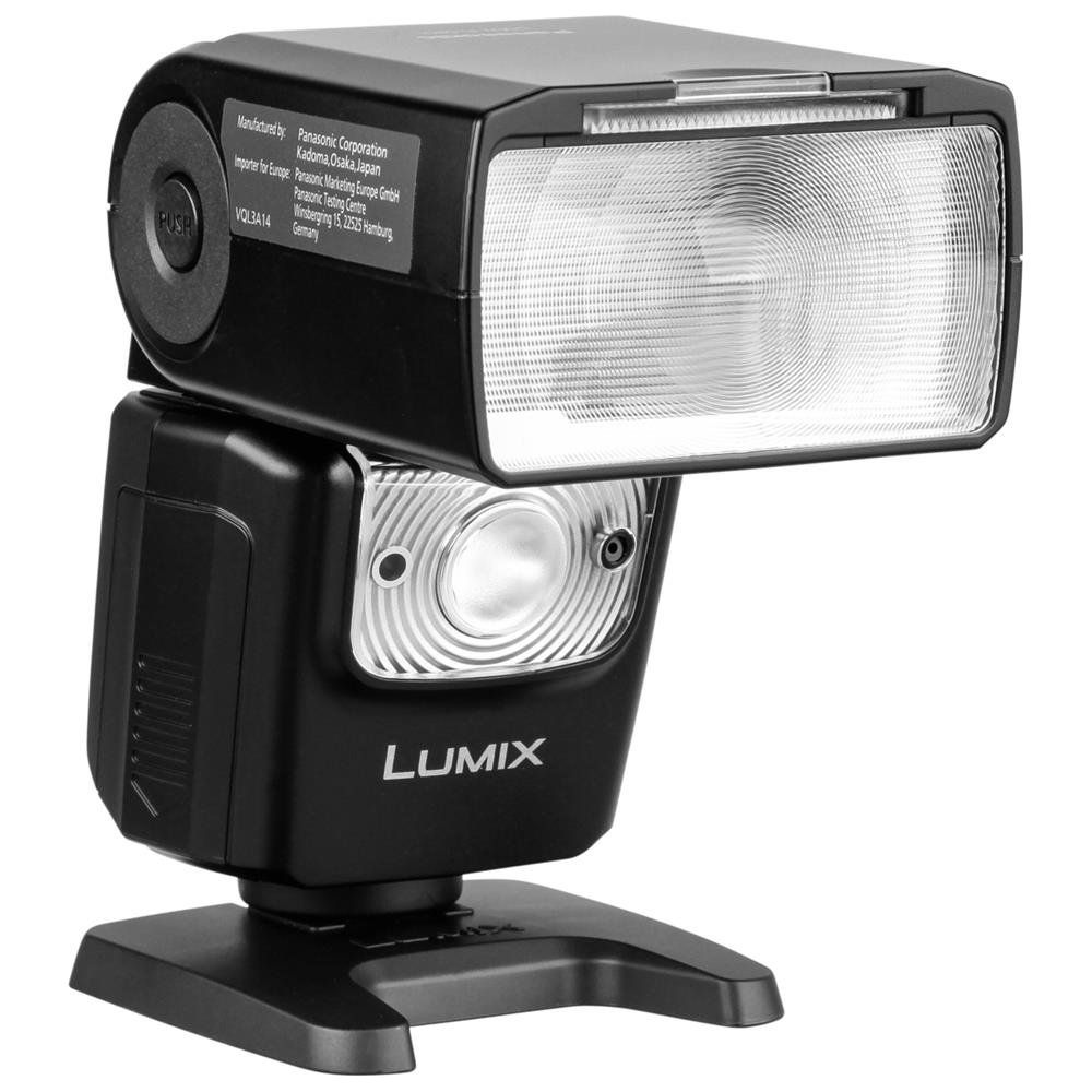 Czarna lampa błyskowa Panasonic Lumix ze statywem i przyciskami.