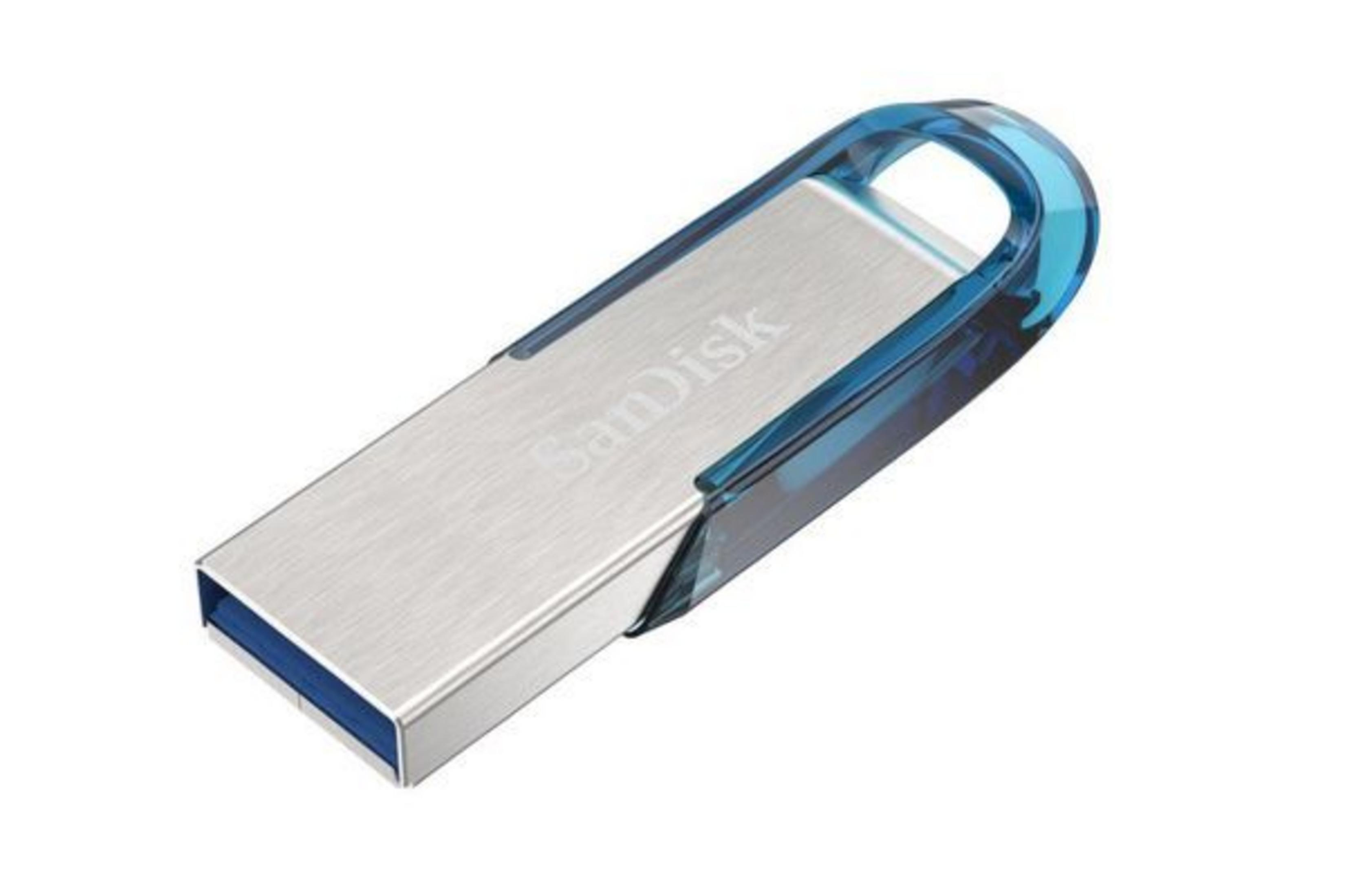 Srebrny pendrive z niebieską pętlą.