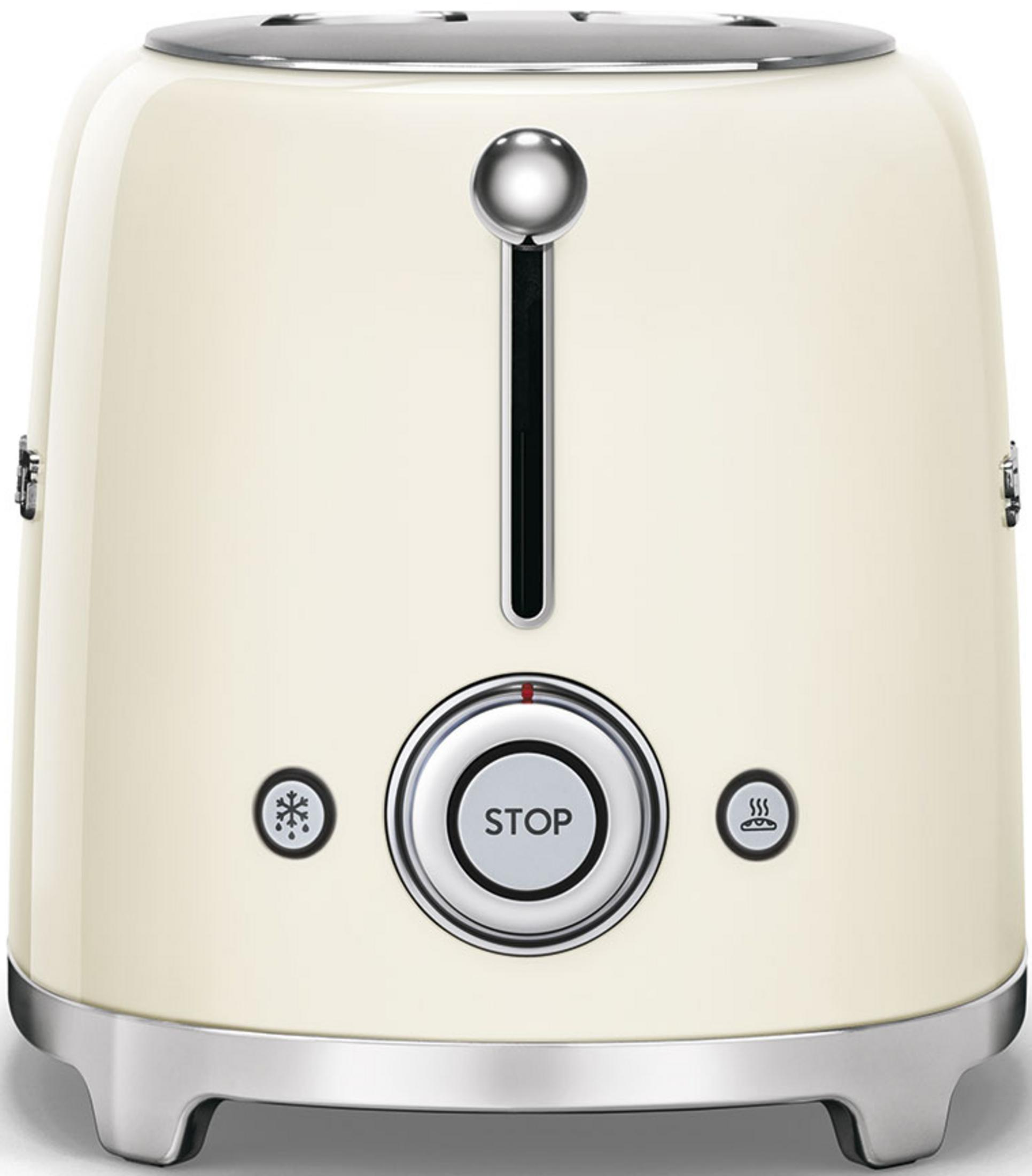 Kremowy toster ze srebrnymi akcentami i przyciskami.